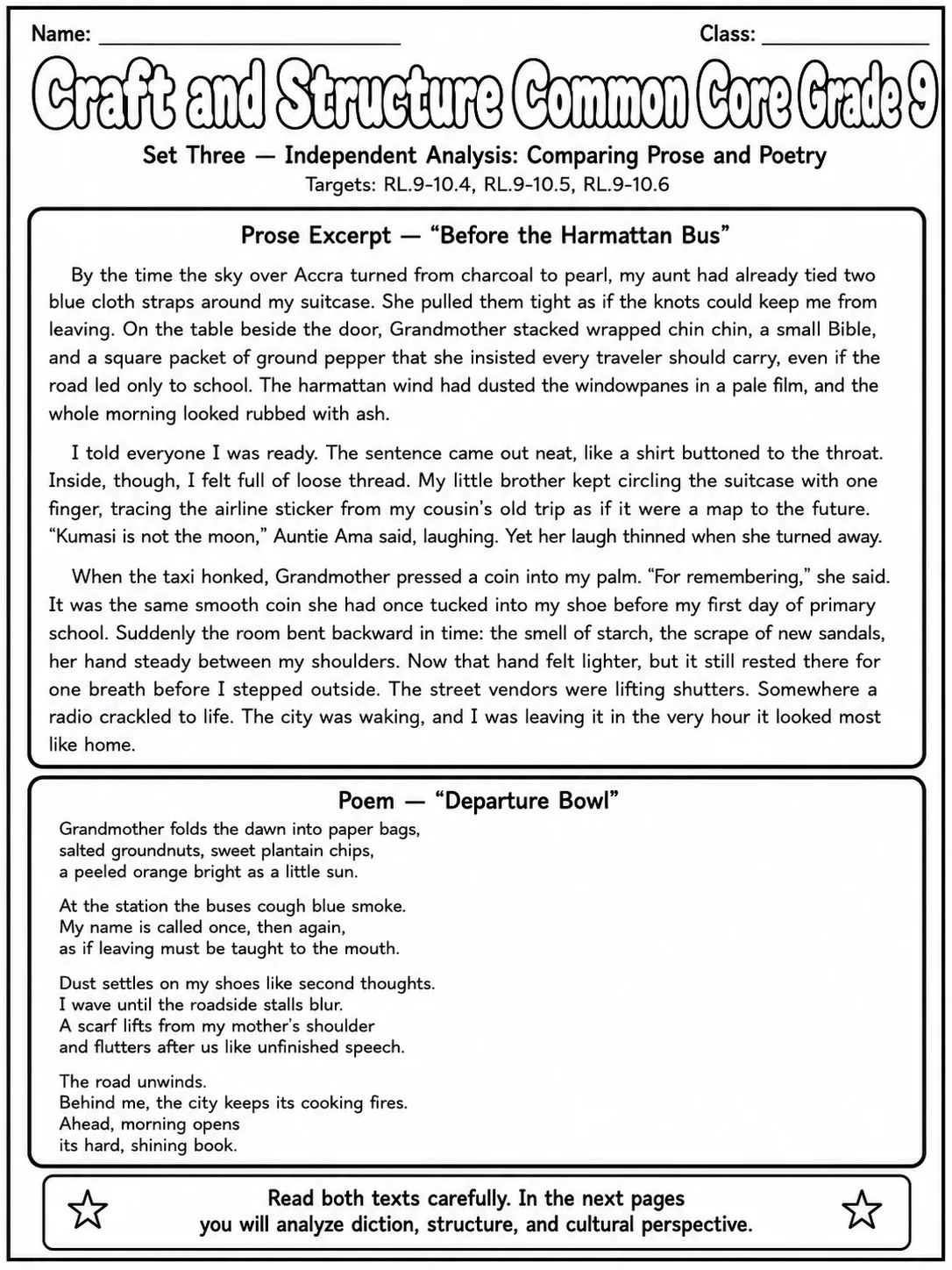 Craft and Structure Common Core Grade 9 page 7 printable Common Core ELA worksheet preview