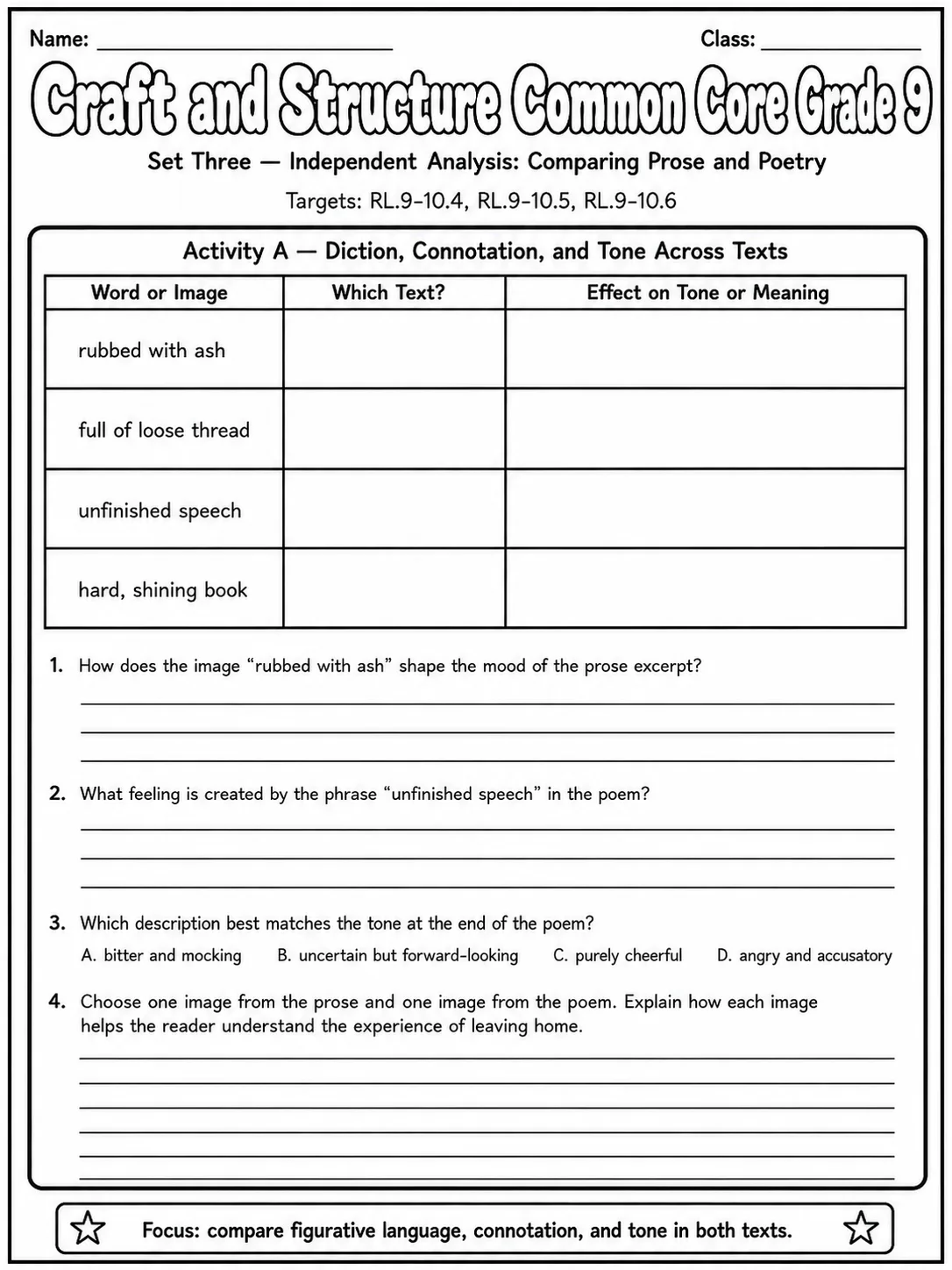 Craft and Structure Common Core Grade 9 page 8 printable Common Core ELA worksheet preview