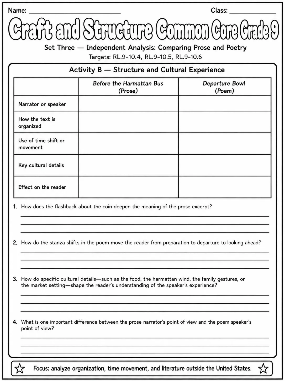 Craft and Structure Common Core Grade 9 page 9 printable Common Core ELA worksheet preview