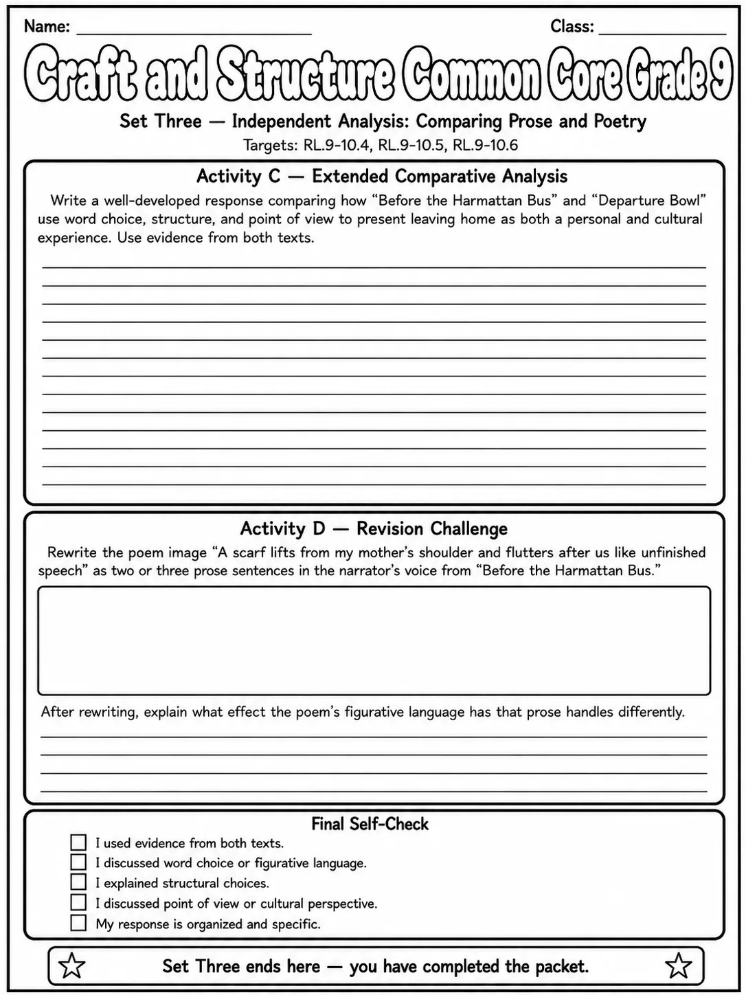 Craft and Structure Common Core Grade 9 page 10 printable Common Core ELA worksheet preview
