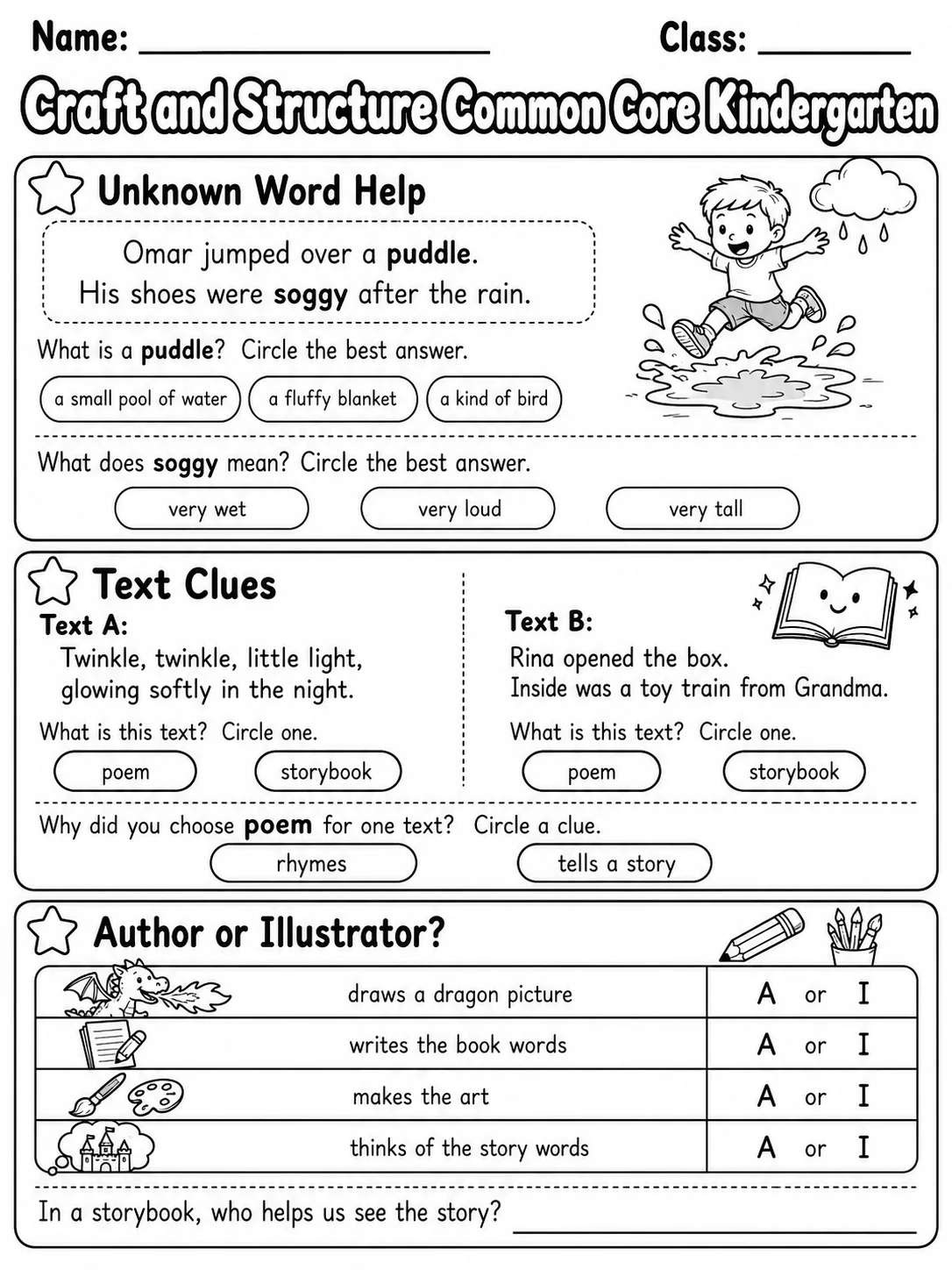 Craft and Structure Common Core Kindergarten page 5 printable Common Core ELA worksheet preview