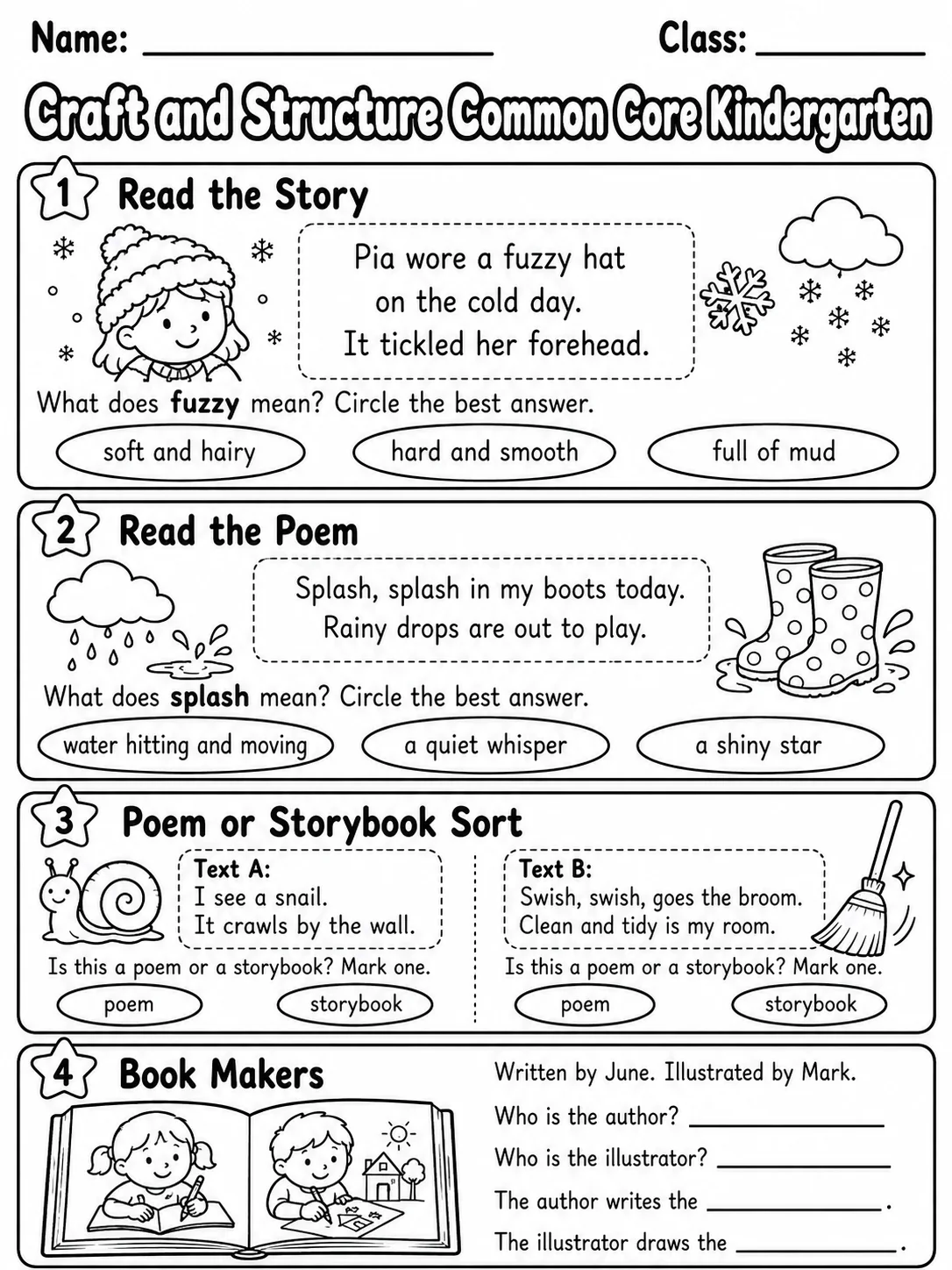 Craft and Structure Common Core Kindergarten page 6 printable Common Core ELA worksheet preview