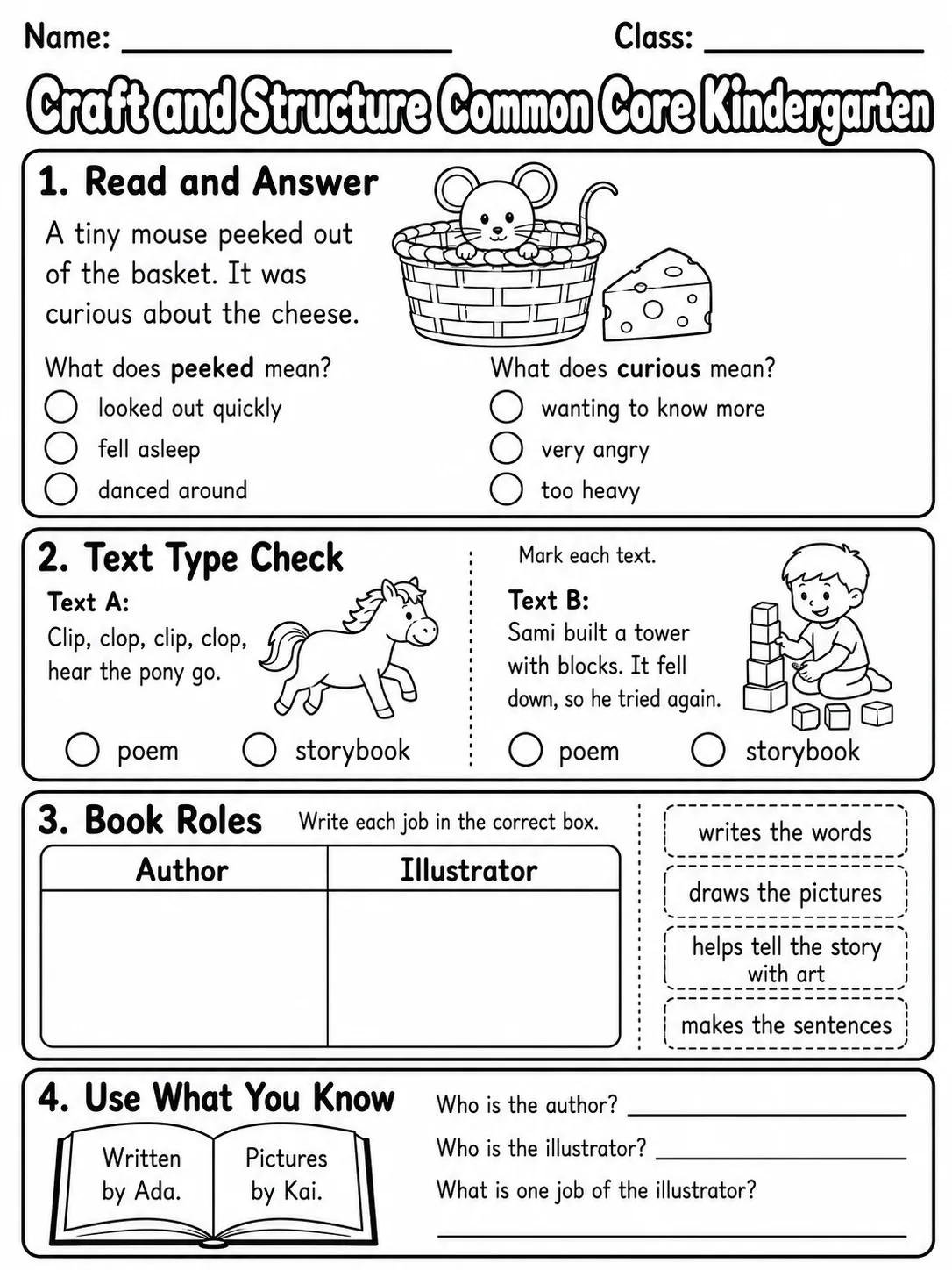 Craft and Structure Common Core Kindergarten page 8 printable Common Core ELA worksheet preview