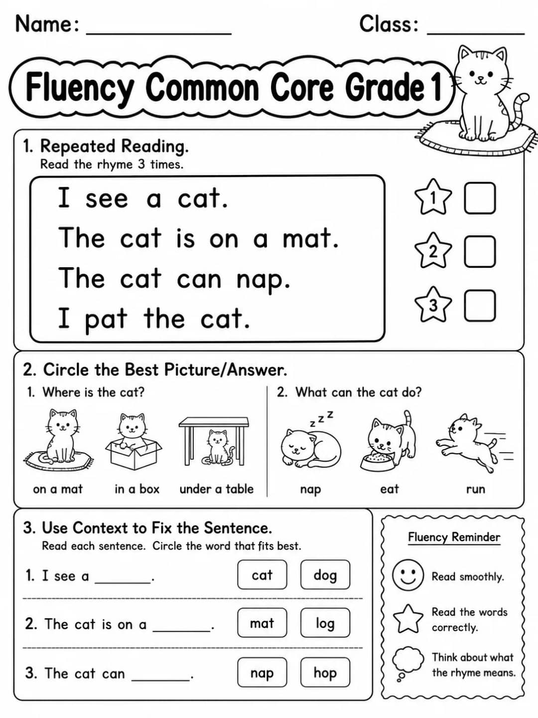 Fluency Common Core Grade 1 printable Common Core ELA Grade 1 worksheet preview from KiwiBee