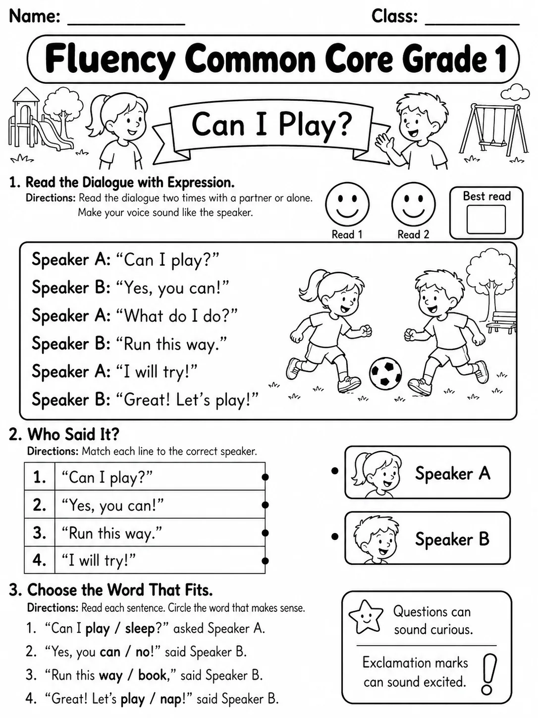 Fluency Common Core Grade 1 page 3 printable Common Core ELA worksheet preview