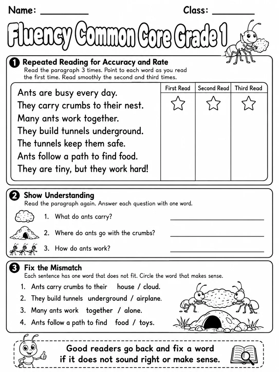 Fluency Common Core Grade 1 page 4 printable Common Core ELA worksheet preview