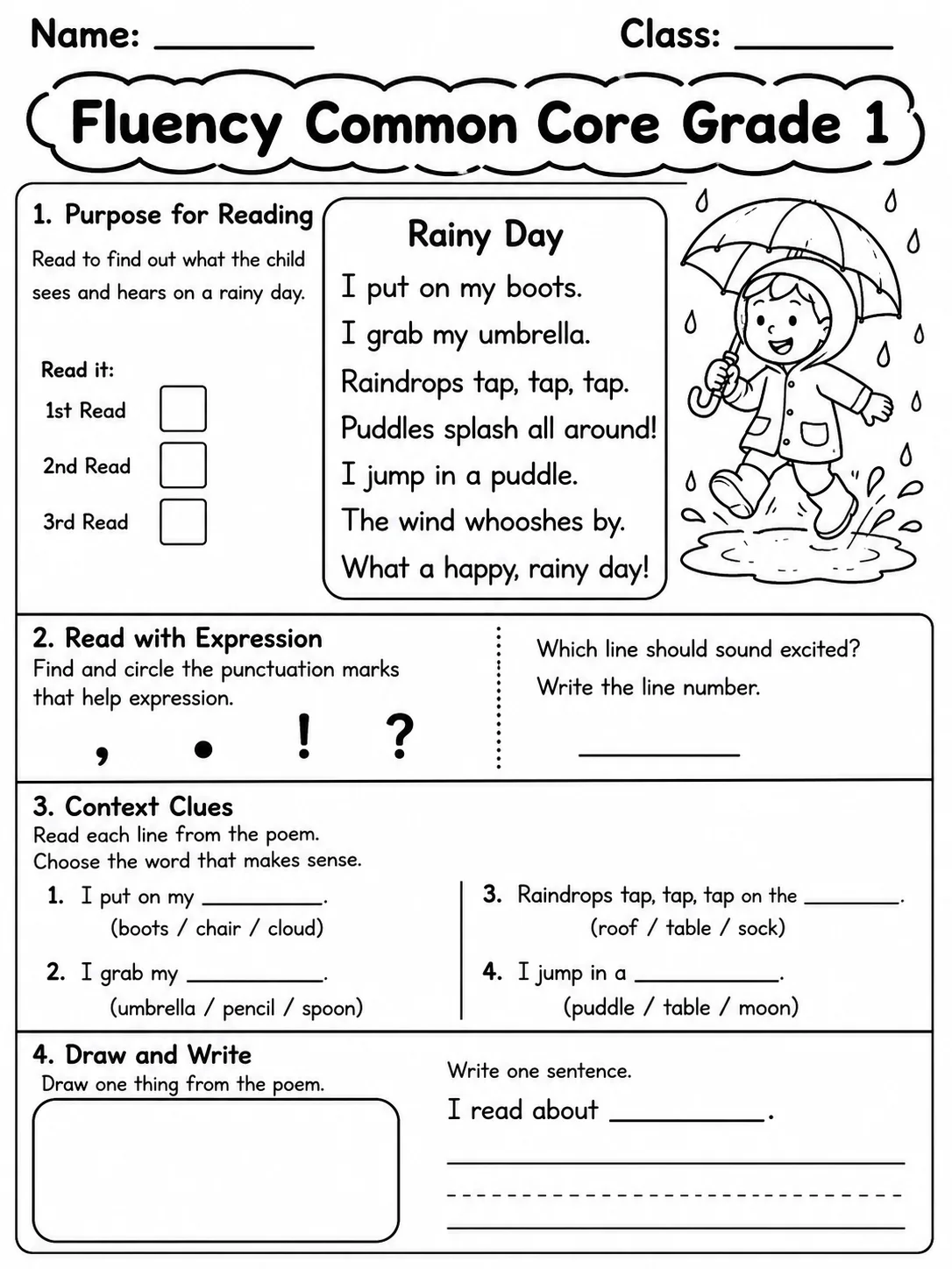 Fluency Common Core Grade 1 page 5 printable Common Core ELA worksheet preview