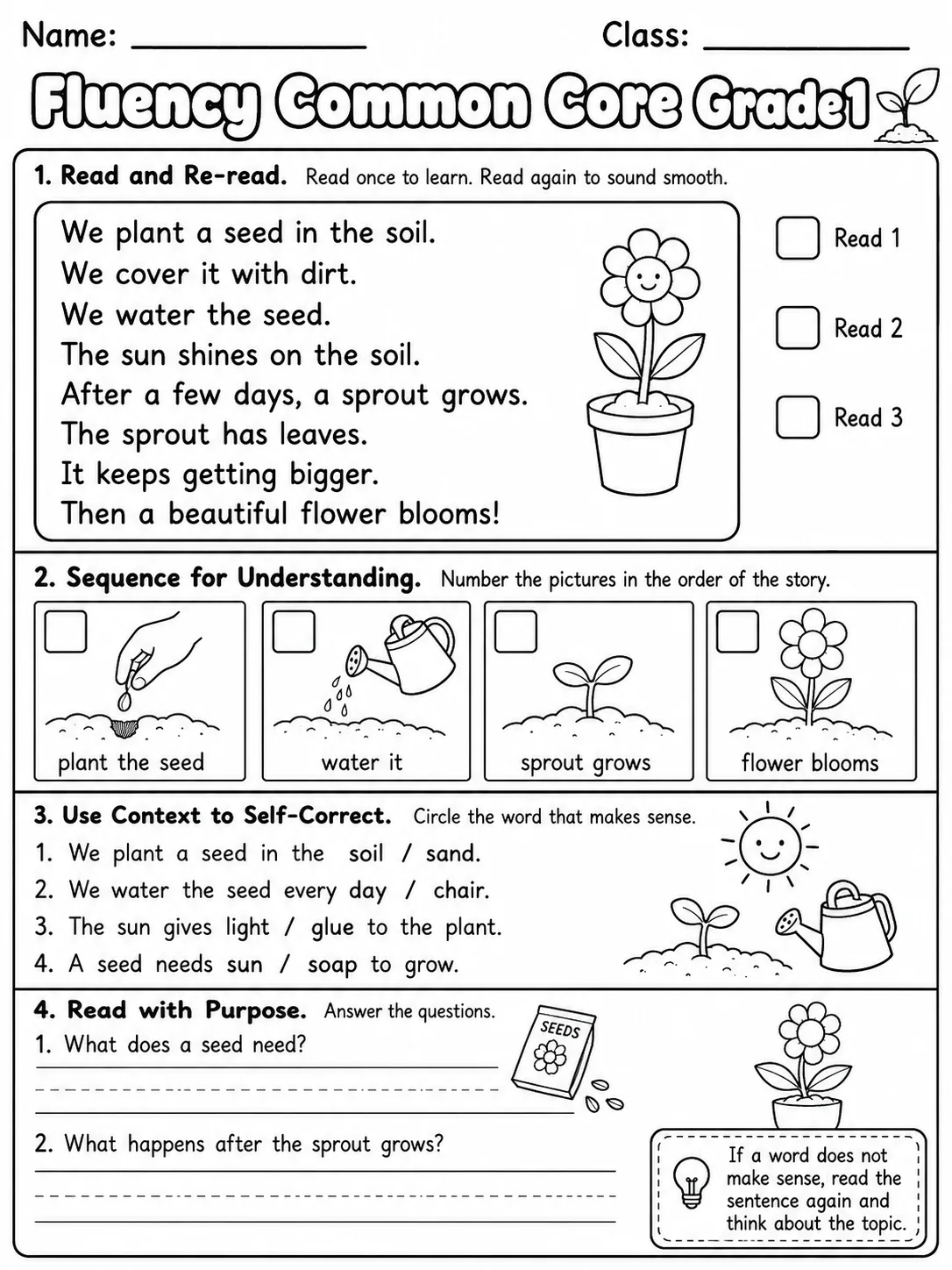 Fluency Common Core Grade 1 page 6 printable Common Core ELA worksheet preview