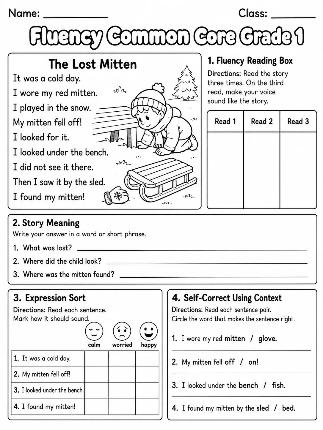 Fluency Common Core Grade 1 page 7 printable Common Core ELA worksheet preview