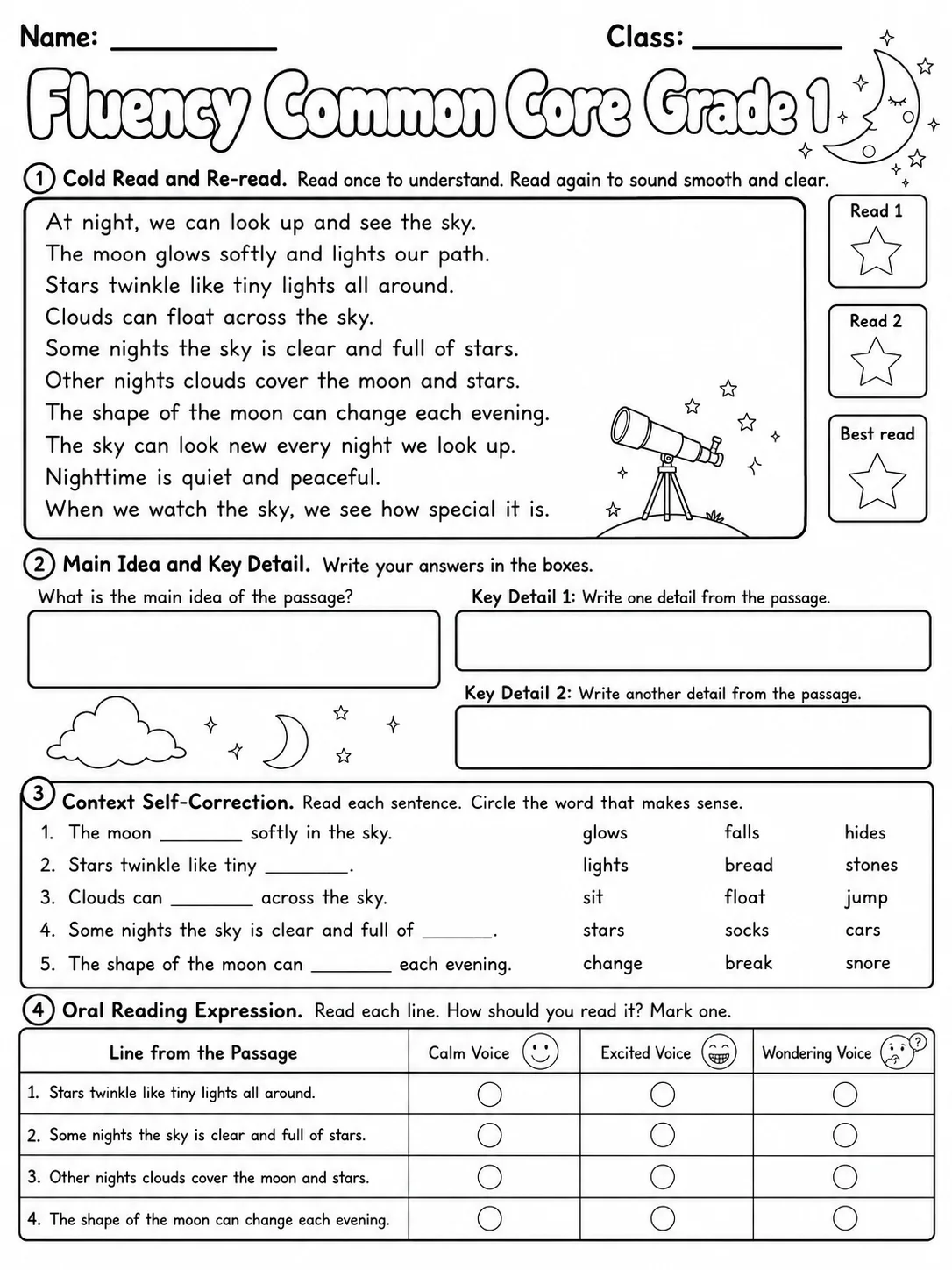 Fluency Common Core Grade 1 page 9 printable Common Core ELA worksheet preview