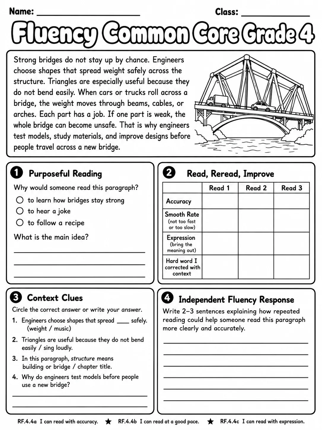 Fluency Common Core Grade 4 page 8 printable Common Core ELA worksheet preview