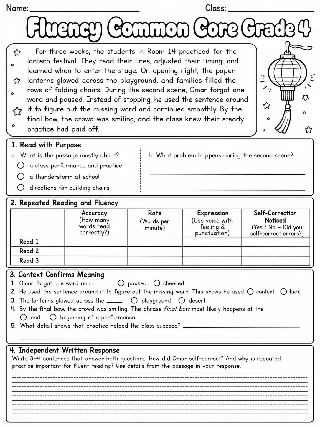 Fluency Common Core Grade 4 page 10 printable Common Core ELA worksheet preview