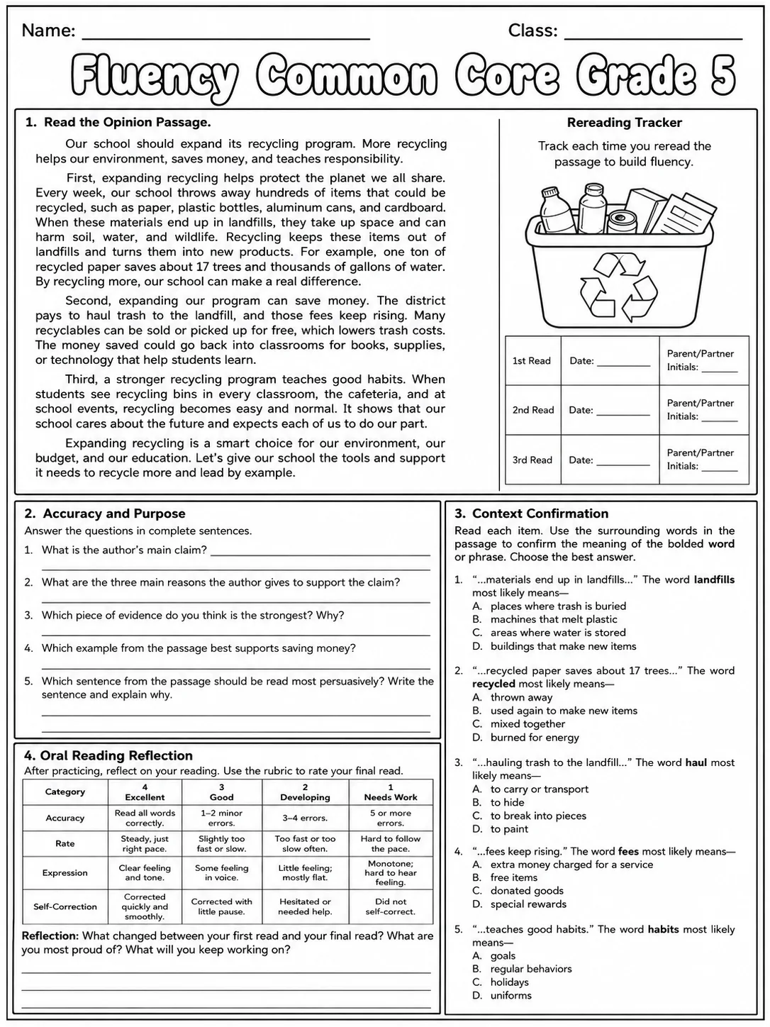 Fluency Common Core Grade 5 page 9 printable Common Core ELA worksheet preview