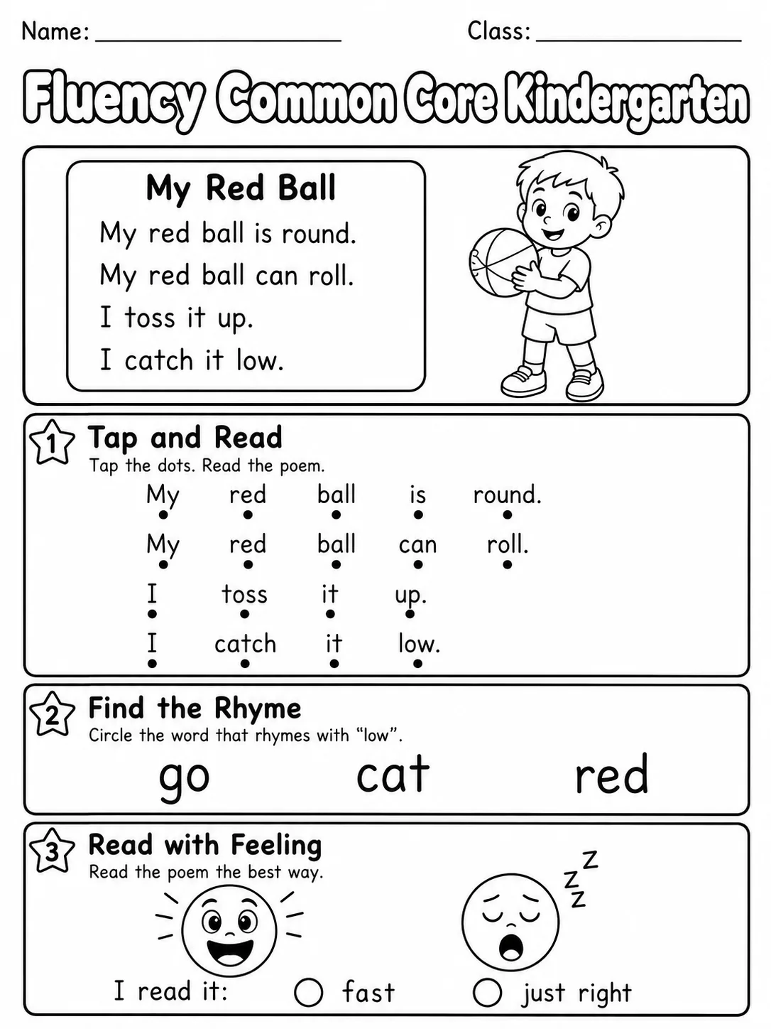 Fluency Common Core Kindergarten page 3 printable Common Core ELA worksheet preview