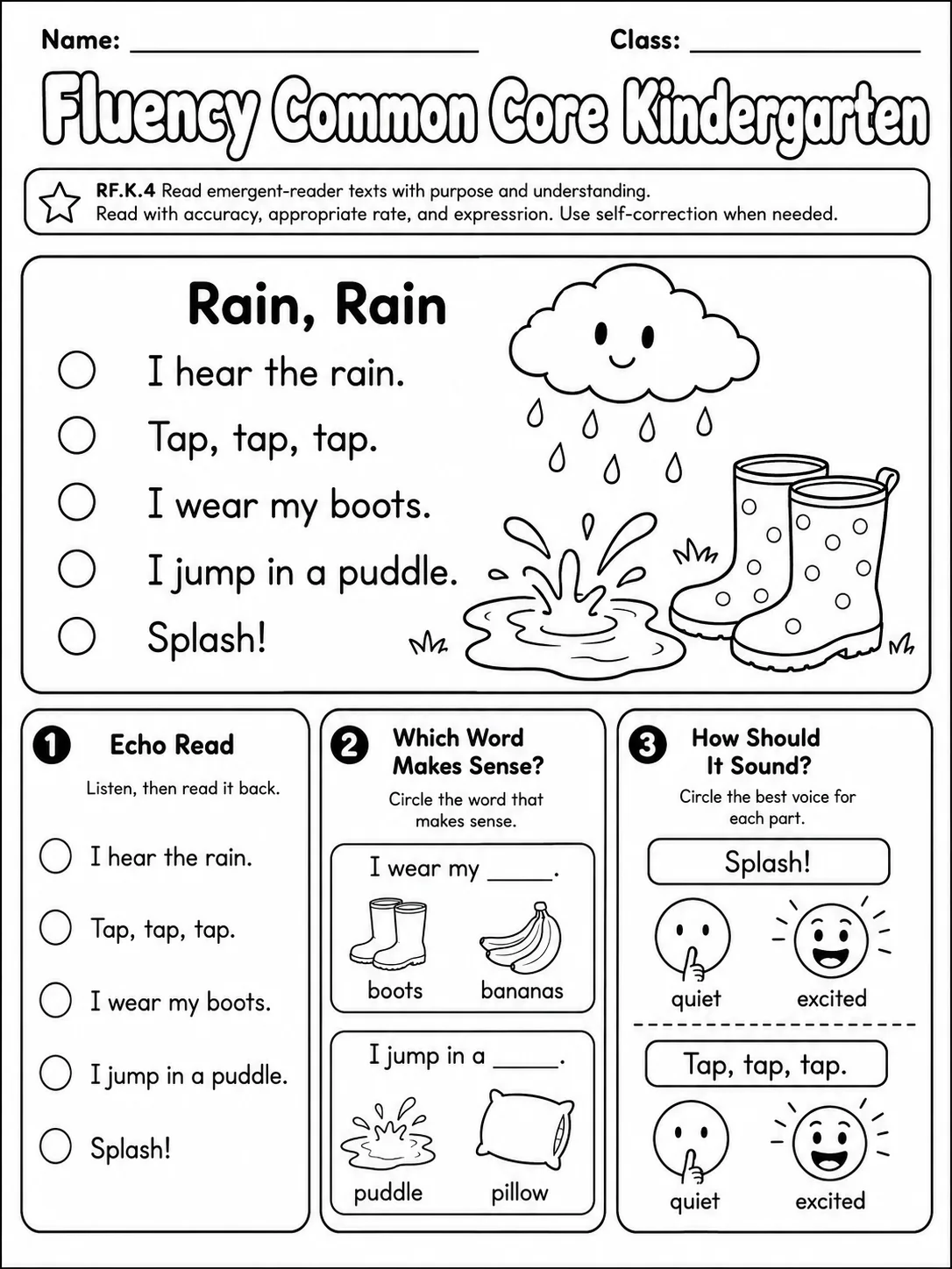 Fluency Common Core Kindergarten page 5 printable Common Core ELA worksheet preview