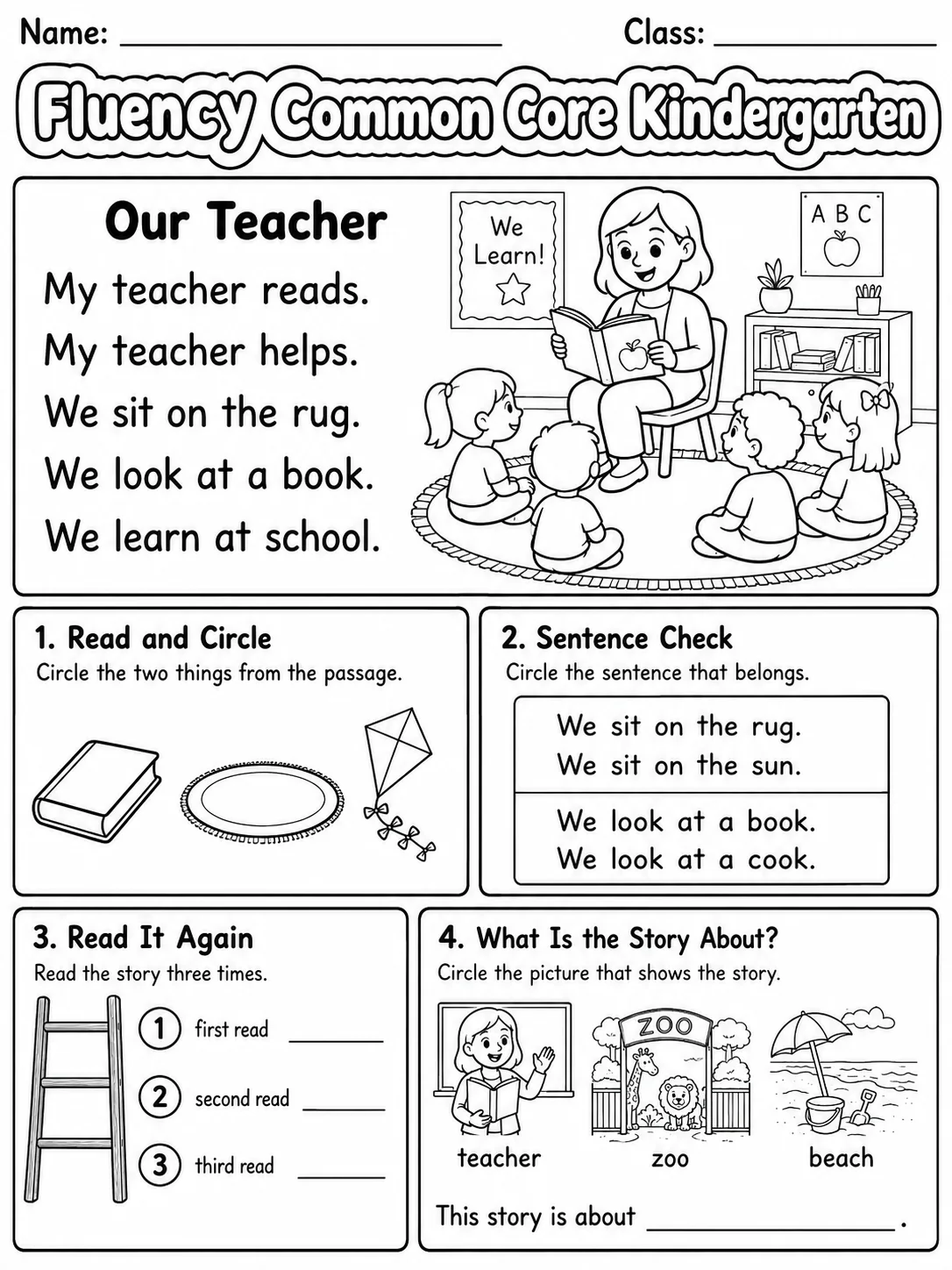 Fluency Common Core Kindergarten page 6 printable Common Core ELA worksheet preview