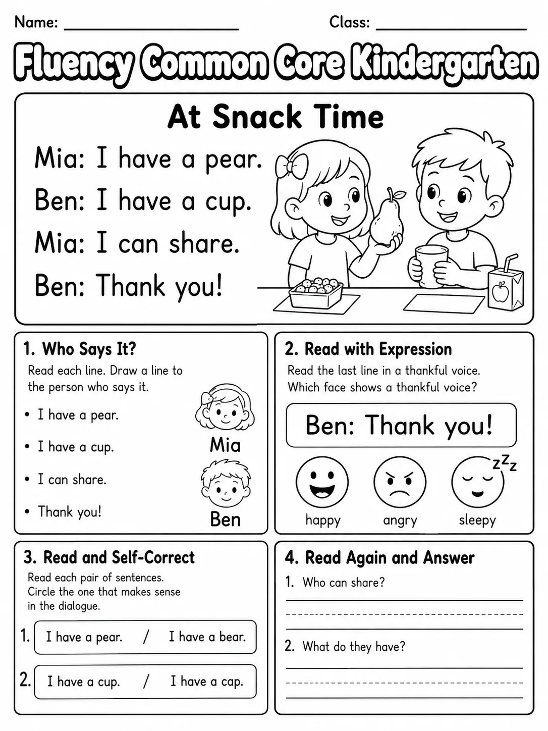 Fluency Common Core Kindergarten page 8 printable Common Core ELA worksheet preview