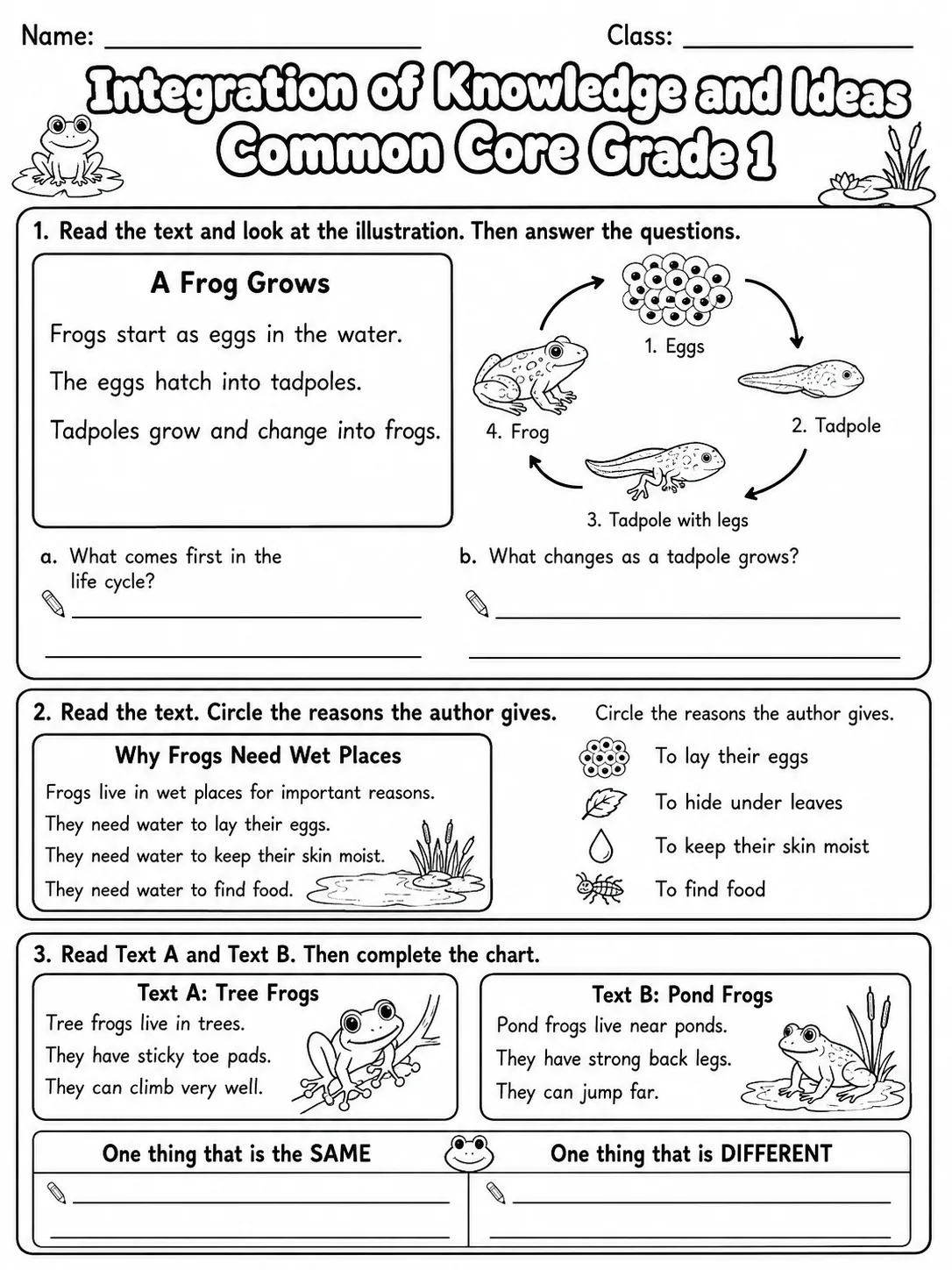 Integration of Knowledge and Ideas Common Core Grade 1 page 2 printable Common Core ELA worksheet preview