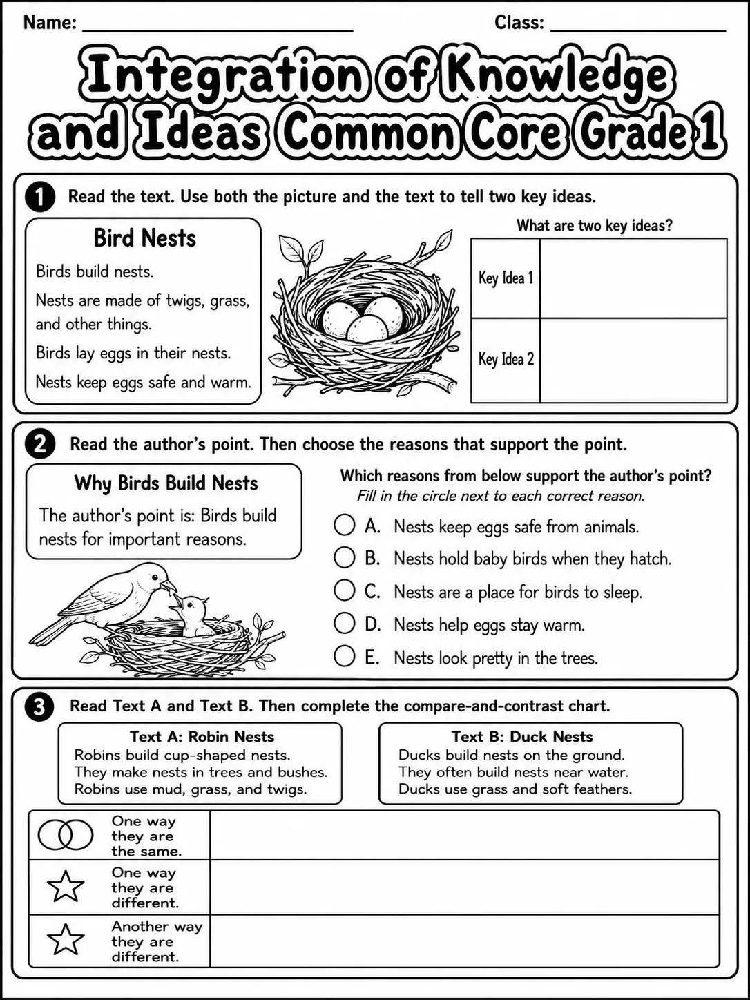 Integration of Knowledge and Ideas Common Core Grade 1 page 4 printable Common Core ELA worksheet preview