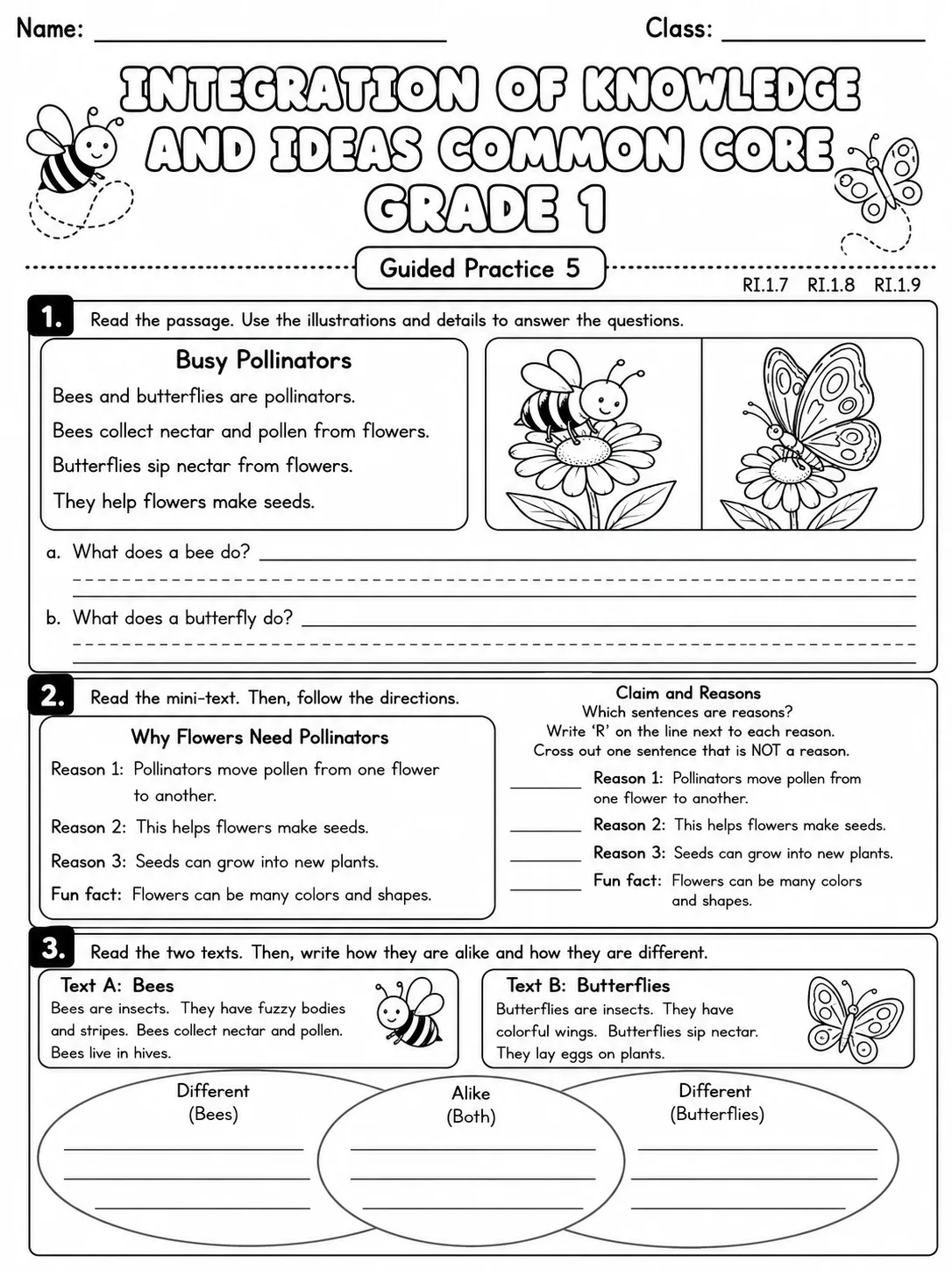 Integration of Knowledge and Ideas Common Core Grade 1 page 5 printable Common Core ELA worksheet preview