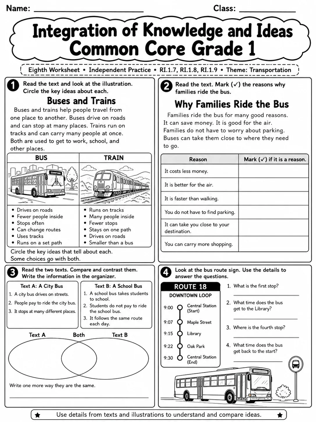 Integration of Knowledge and Ideas Common Core Grade 1 page 8 printable Common Core ELA worksheet preview