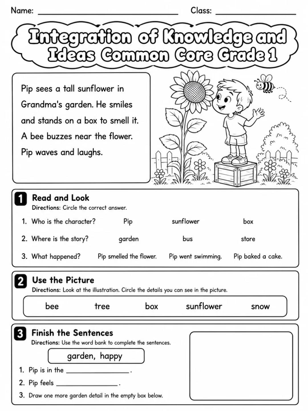 Integration of Knowledge and Ideas Common Core Grade 1 printable Common Core ELA Grade 1 worksheet preview from KiwiBee