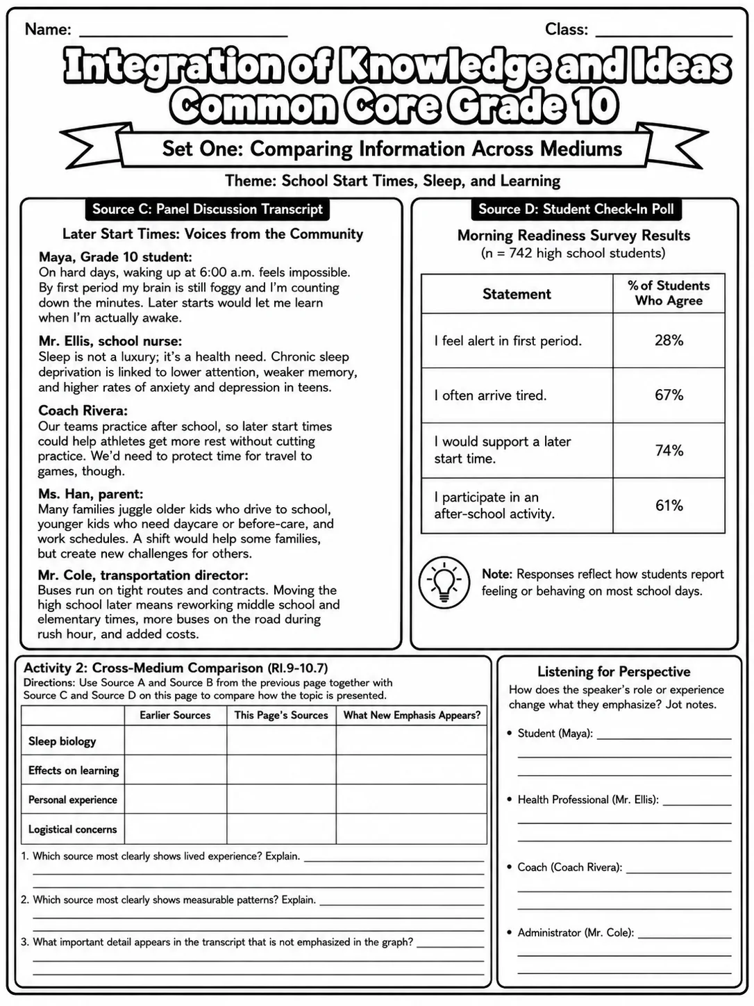 Integration of Knowledge and Ideas Common Core Grade 10 page 2 printable Common Core ELA worksheet preview