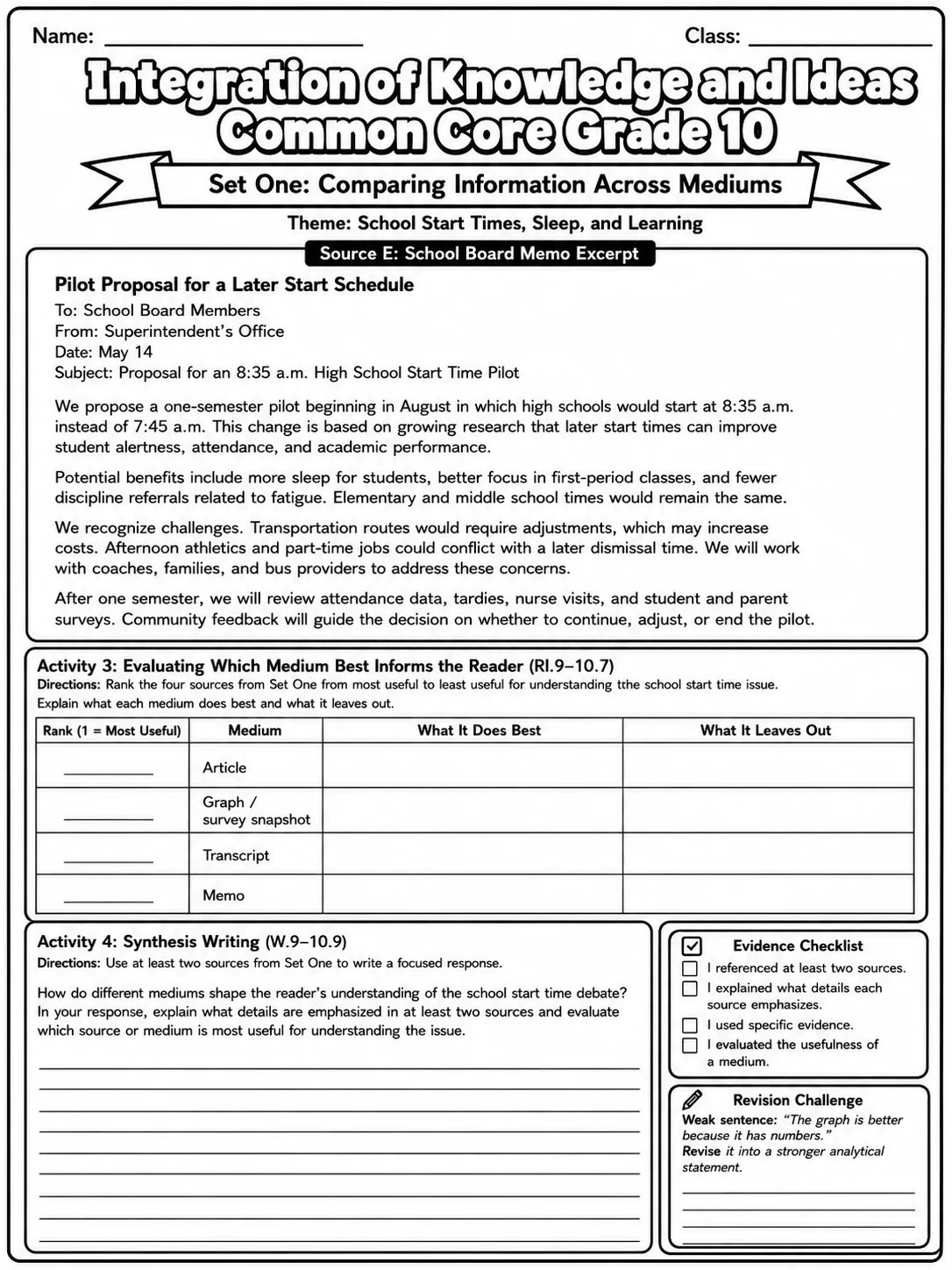 Integration of Knowledge and Ideas Common Core Grade 10 page 3 printable Common Core ELA worksheet preview