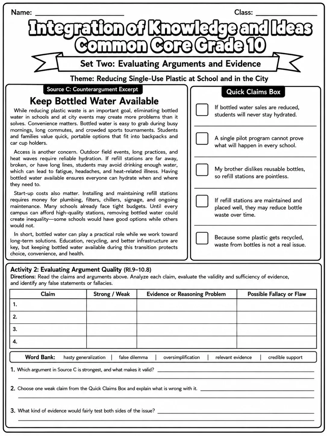 Integration of Knowledge and Ideas Common Core Grade 10 page 5 printable Common Core ELA worksheet preview