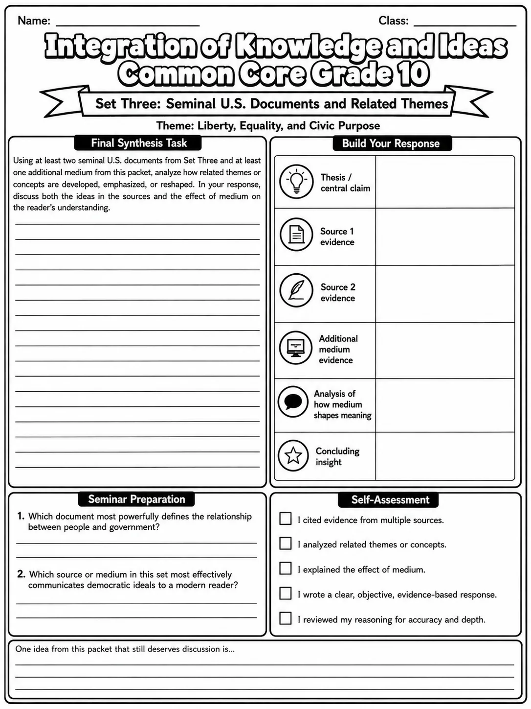 Integration of Knowledge and Ideas Common Core Grade 10 page 10 printable Common Core ELA worksheet preview