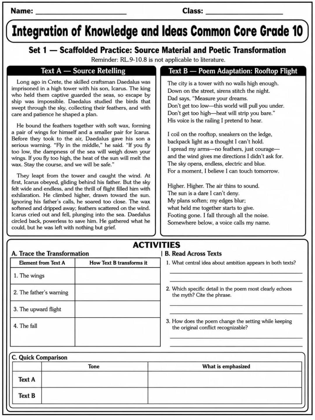 Integration of Knowledge and Ideas Common Core Grade 10 printable Common Core ELA Grade 10 worksheet preview from KiwiBee