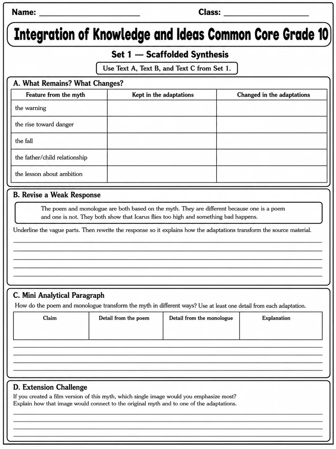Integration of Knowledge and Ideas Common Core Grade 10 page 3 printable Common Core ELA worksheet preview