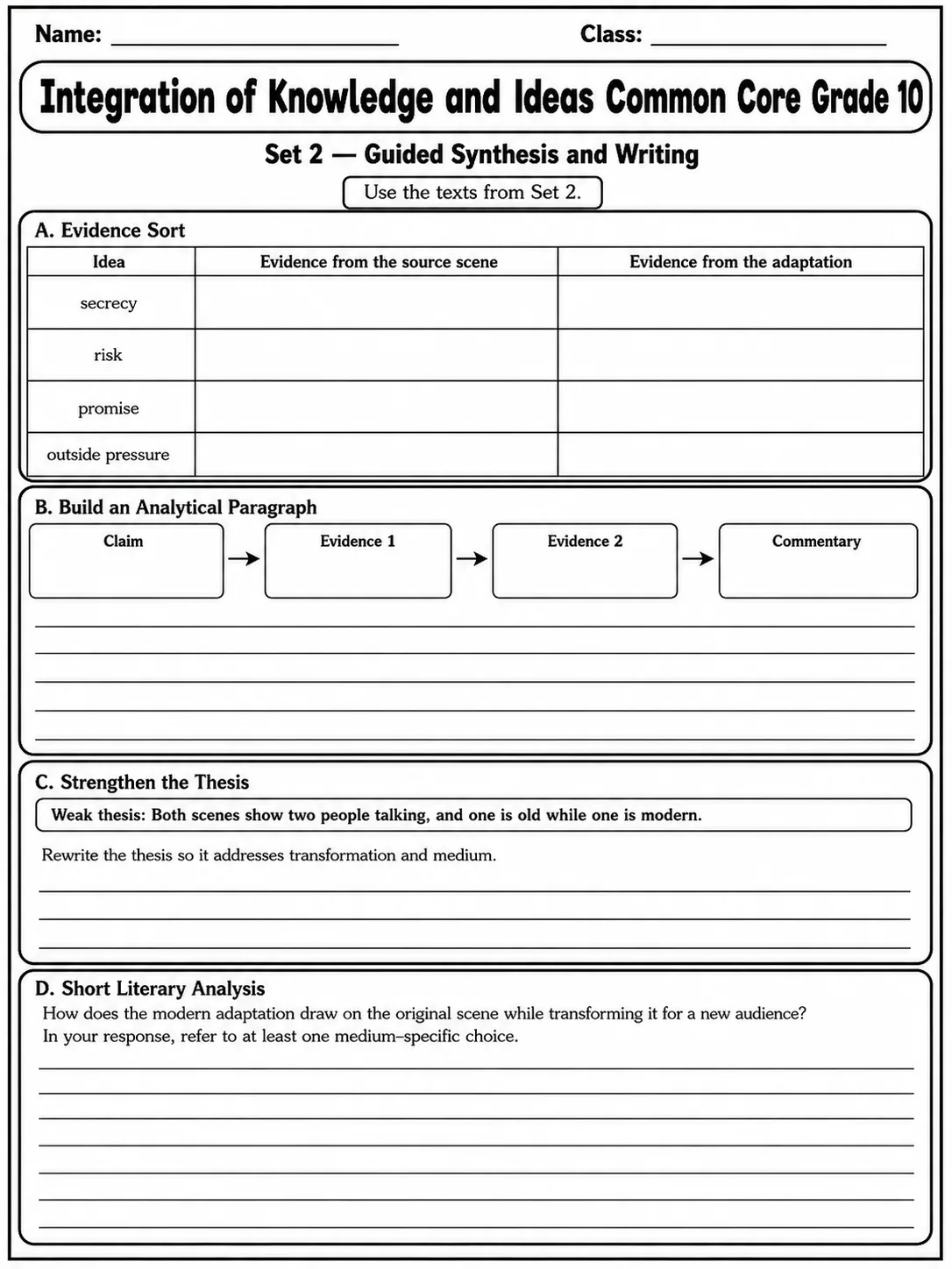 Integration of Knowledge and Ideas Common Core Grade 10 page 6 printable Common Core ELA worksheet preview