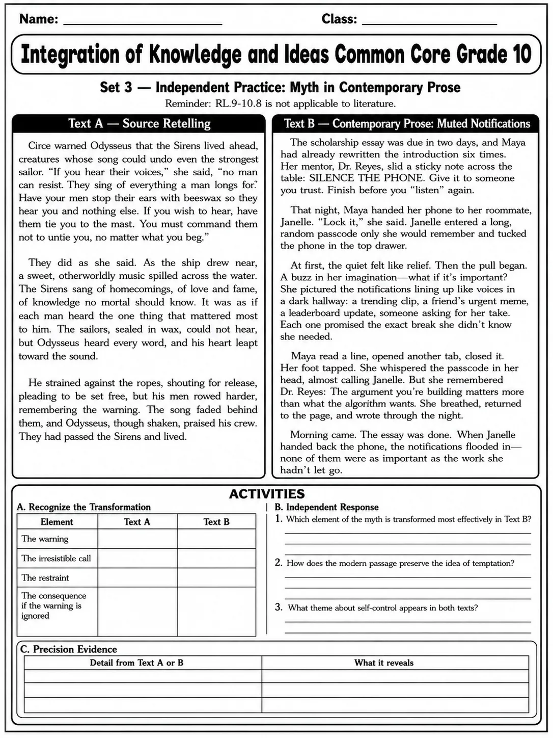 Integration of Knowledge and Ideas Common Core Grade 10 page 7 printable Common Core ELA worksheet preview