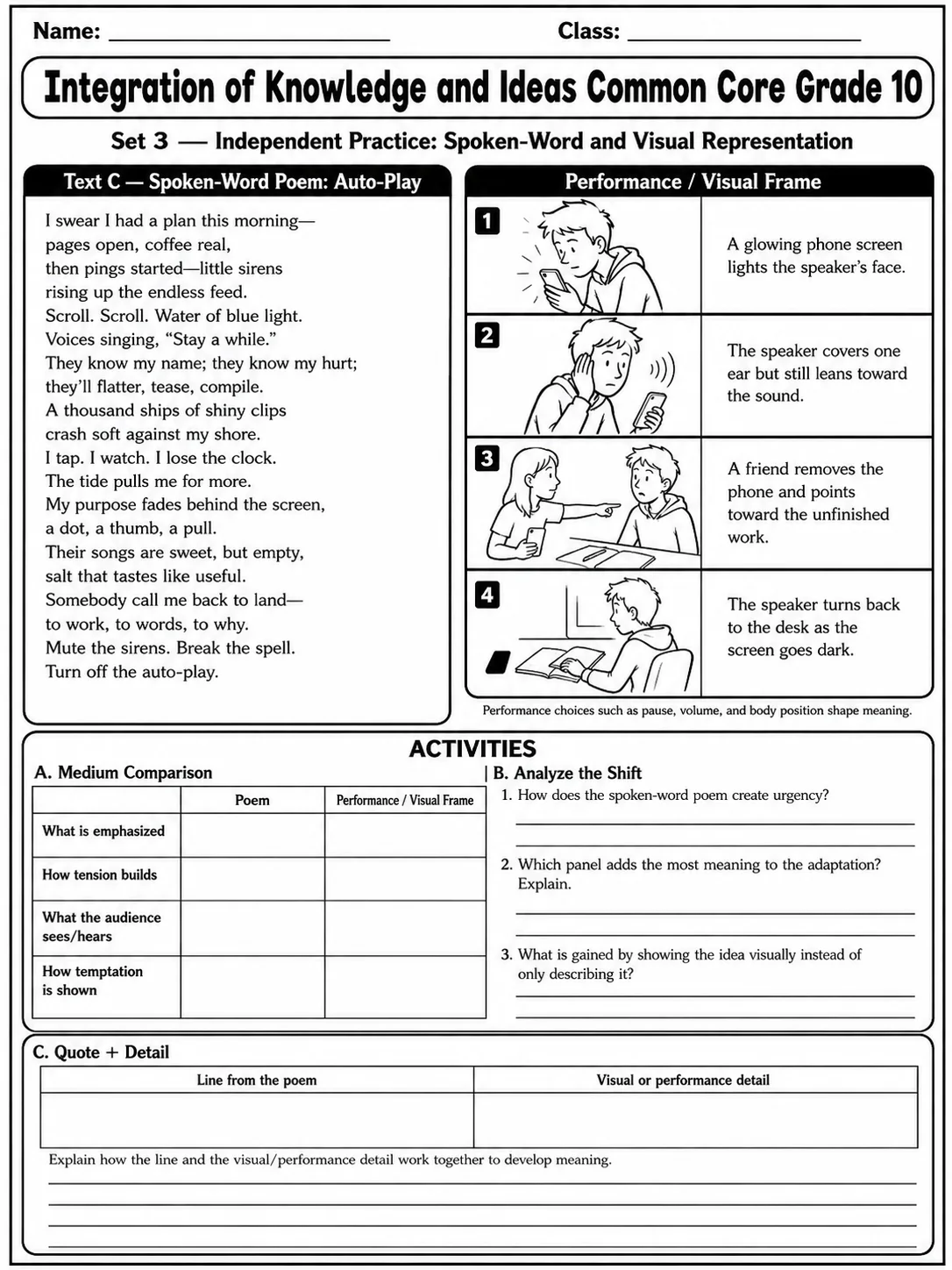 Integration of Knowledge and Ideas Common Core Grade 10 page 8 printable Common Core ELA worksheet preview
