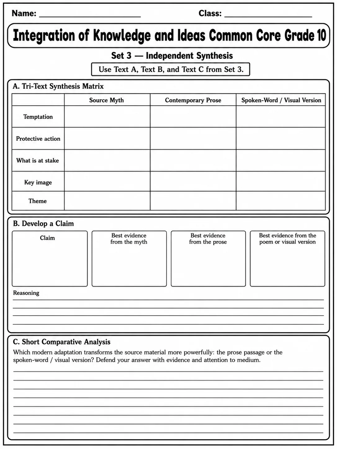 Integration of Knowledge and Ideas Common Core Grade 10 page 9 printable Common Core ELA worksheet preview