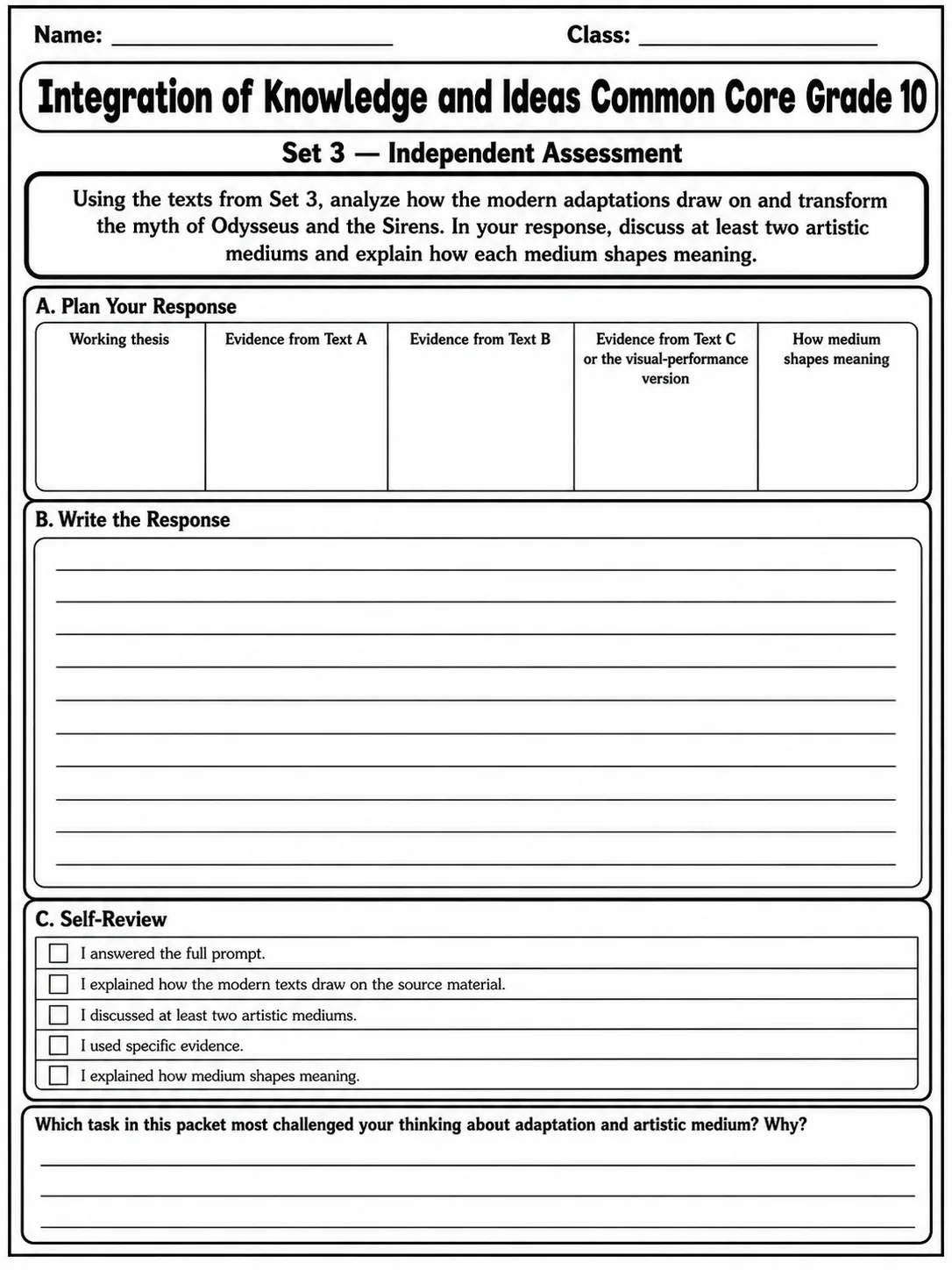 Integration of Knowledge and Ideas Common Core Grade 10 page 10 printable Common Core ELA worksheet preview