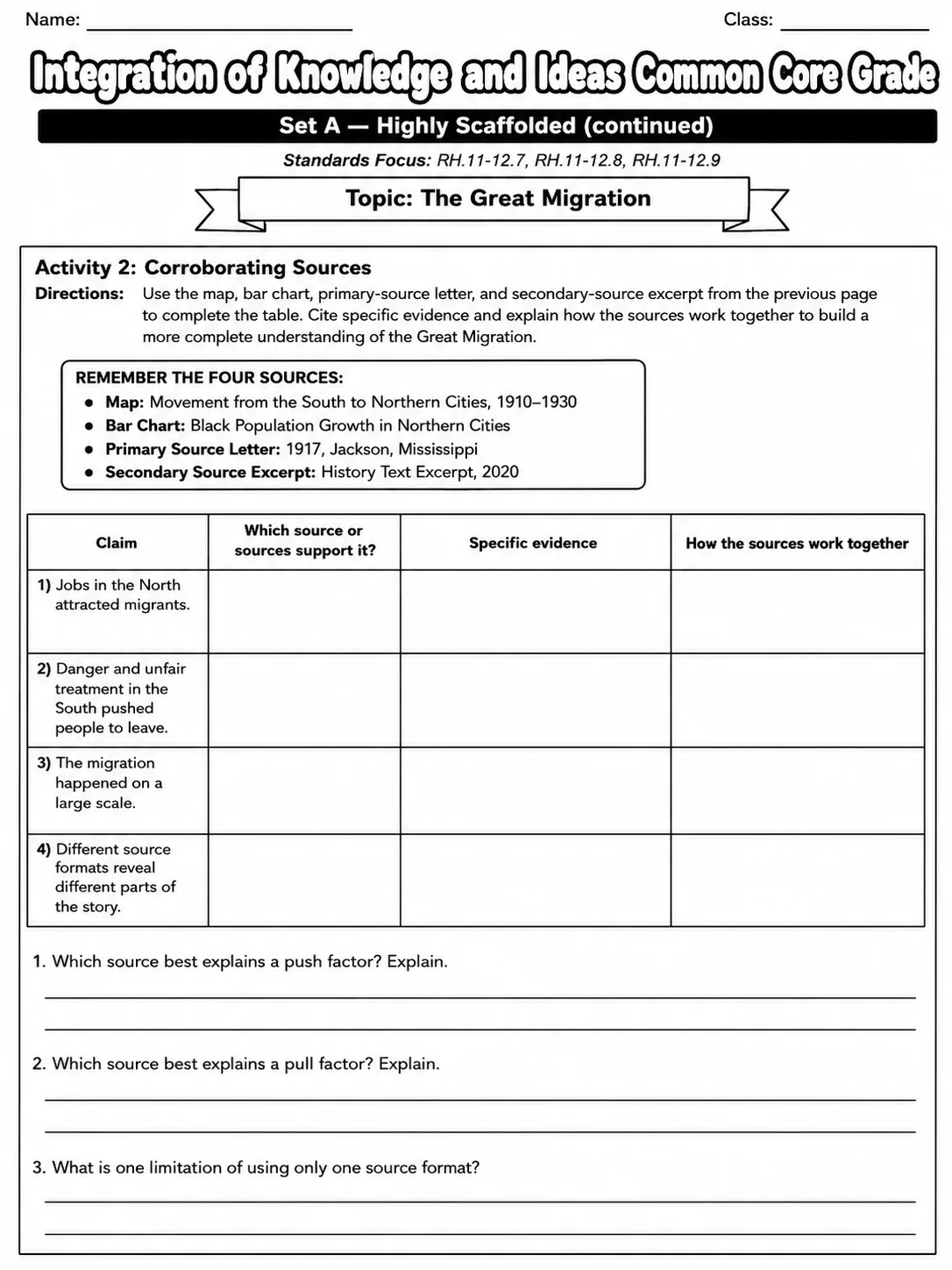Integration of Knowledge and Ideas Common Core Grade 11 page 2 printable Common Core ELA worksheet preview