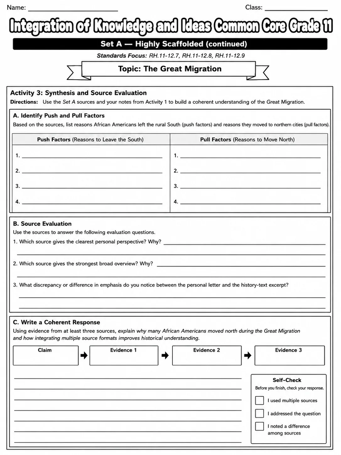 Integration of Knowledge and Ideas Common Core Grade 11 page 3 printable Common Core ELA worksheet preview