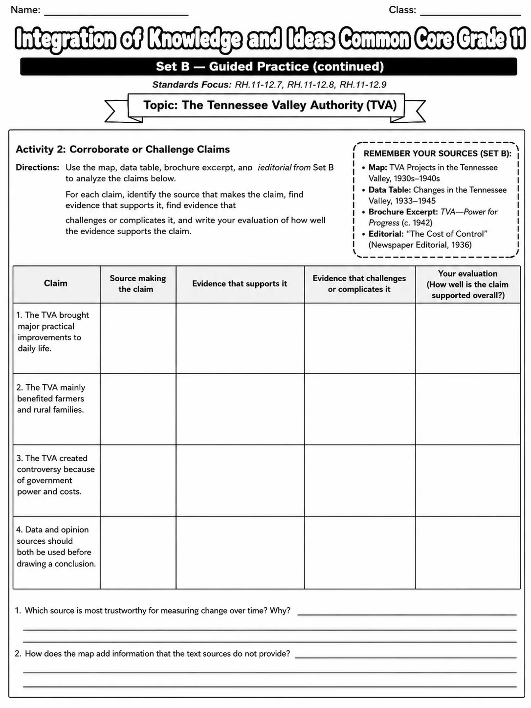 Integration of Knowledge and Ideas Common Core Grade 11 page 5 printable Common Core ELA worksheet preview