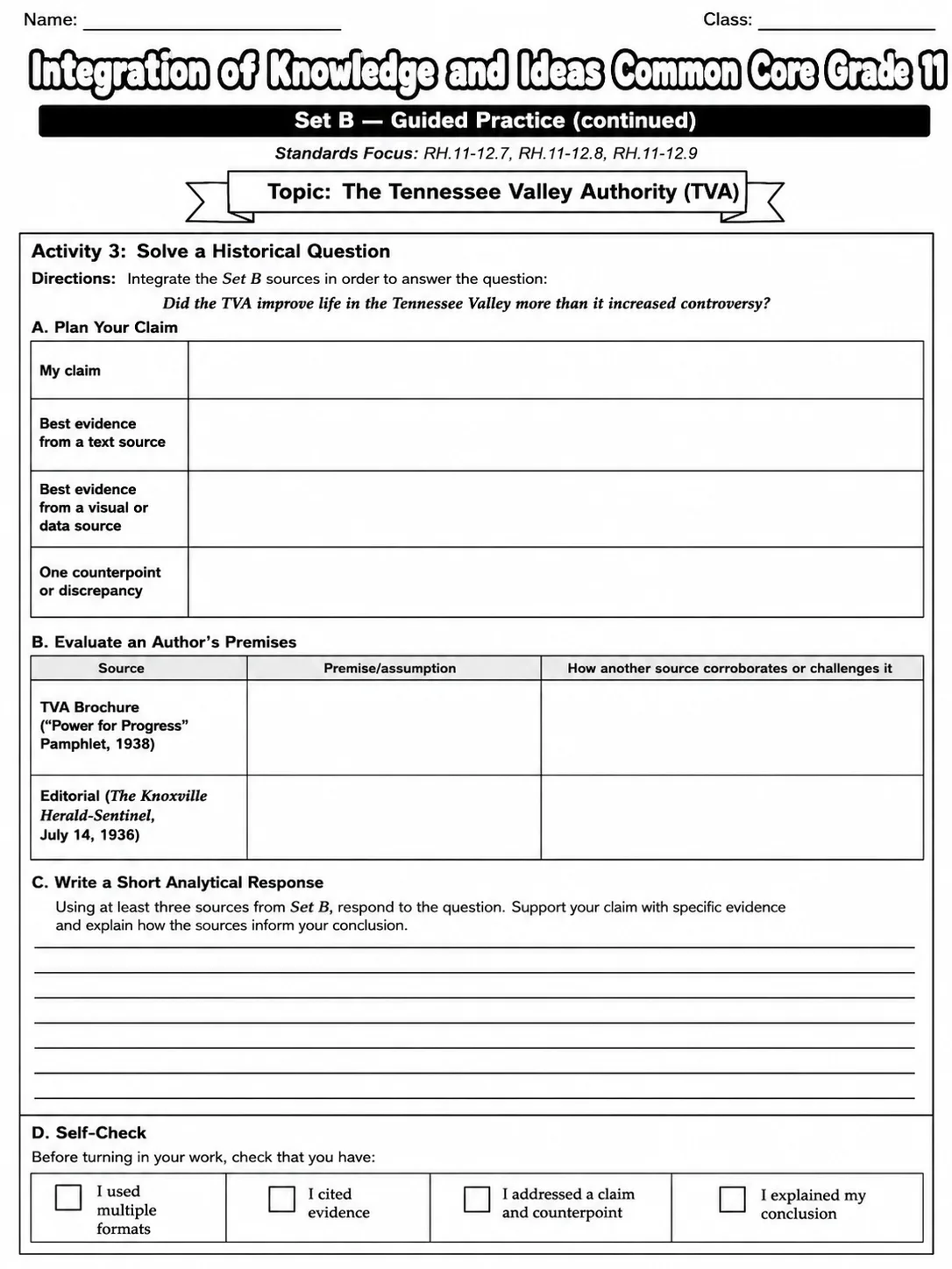 Integration of Knowledge and Ideas Common Core Grade 11 page 6 printable Common Core ELA worksheet preview