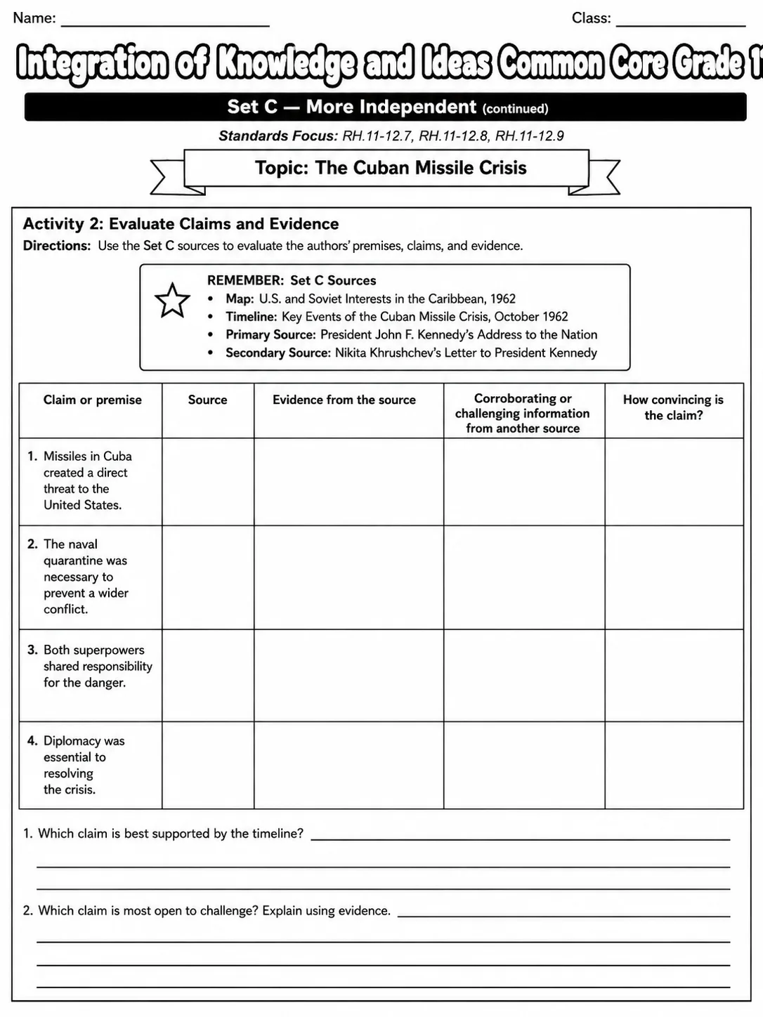 Integration of Knowledge and Ideas Common Core Grade 11 page 8 printable Common Core ELA worksheet preview