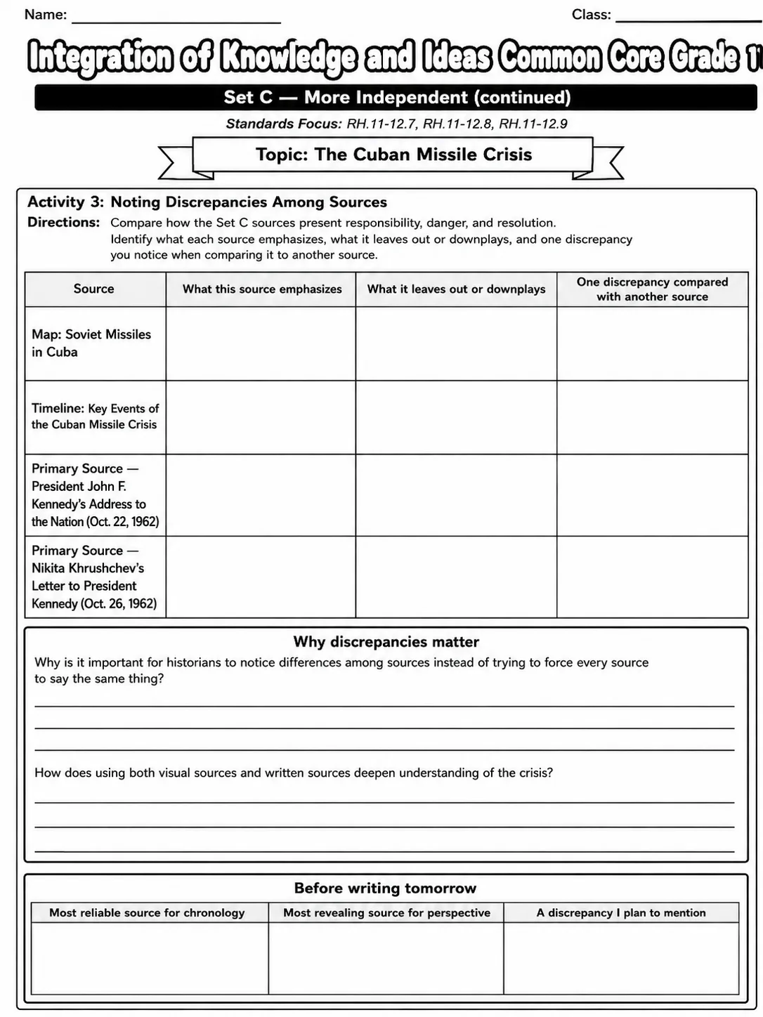 Integration of Knowledge and Ideas Common Core Grade 11 page 9 printable Common Core ELA worksheet preview