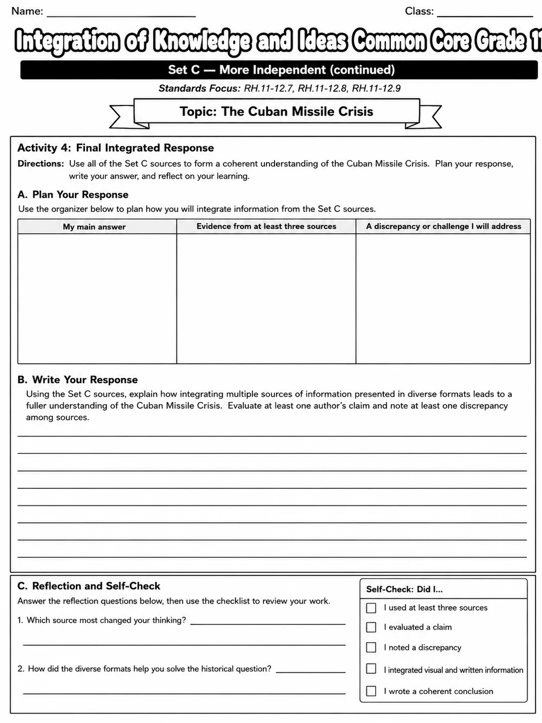 Integration of Knowledge and Ideas Common Core Grade 11 page 10 printable Common Core ELA worksheet preview