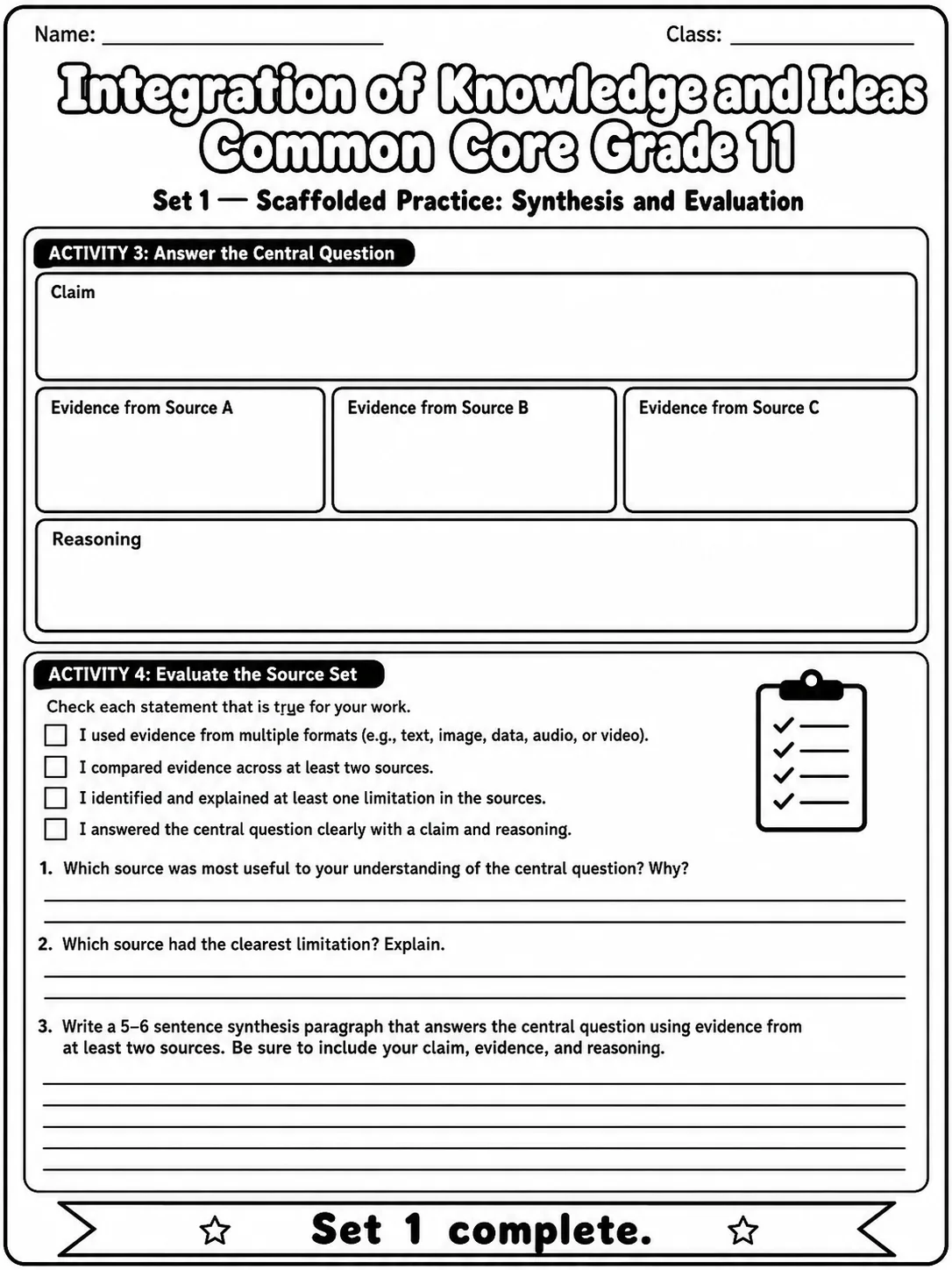 Integration of Knowledge and Ideas Common Core Grade 11 page 3 printable Common Core ELA worksheet preview