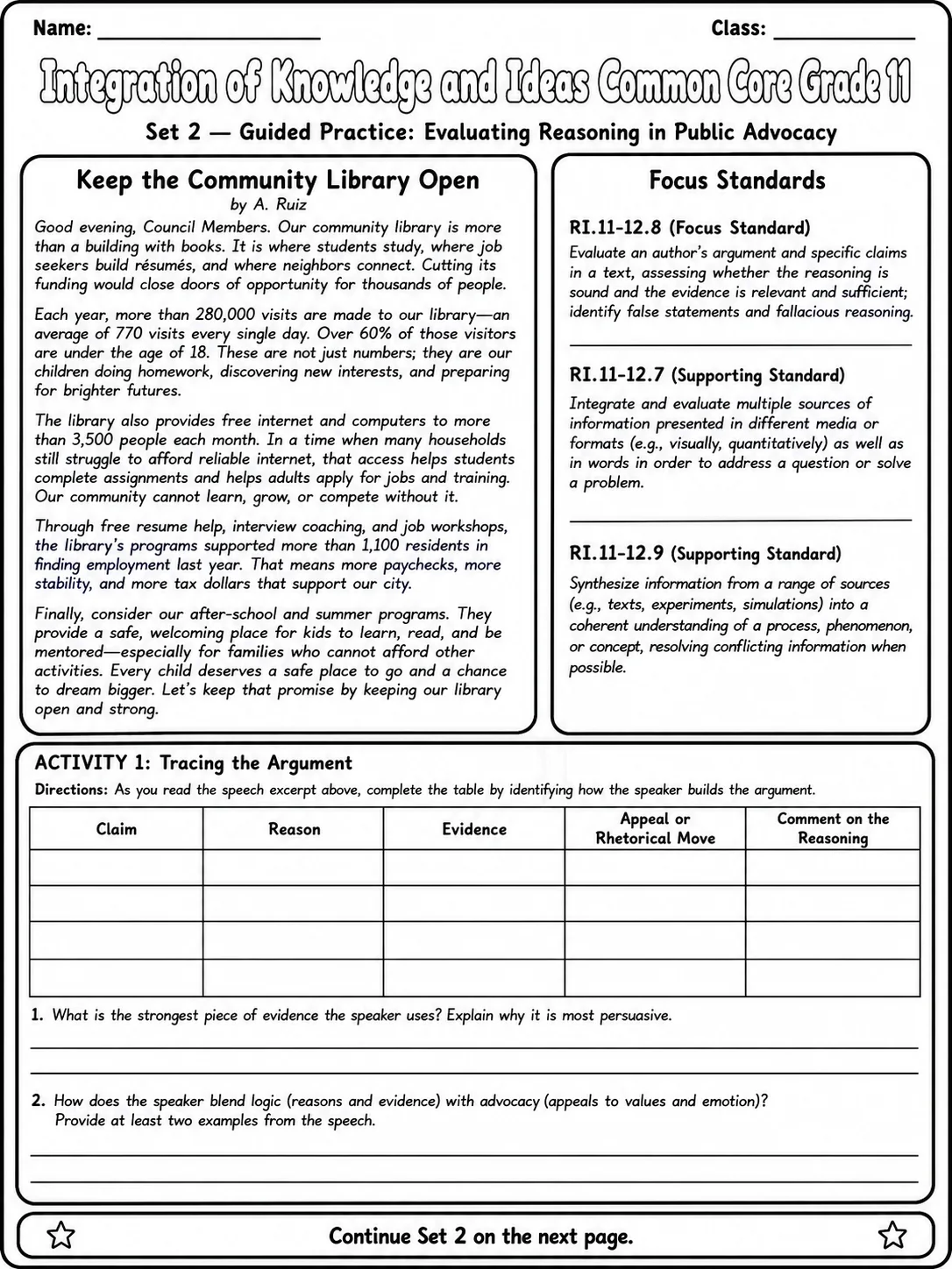 Integration of Knowledge and Ideas Common Core Grade 11 page 4 printable Common Core ELA worksheet preview