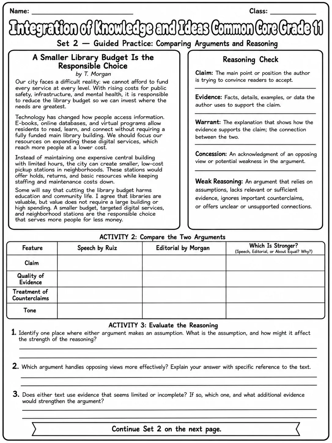 Integration of Knowledge and Ideas Common Core Grade 11 page 5 printable Common Core ELA worksheet preview