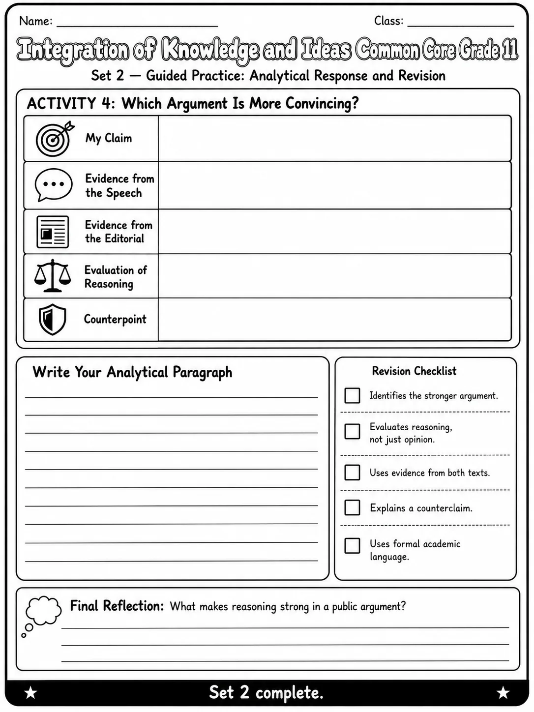 Integration of Knowledge and Ideas Common Core Grade 11 page 6 printable Common Core ELA worksheet preview