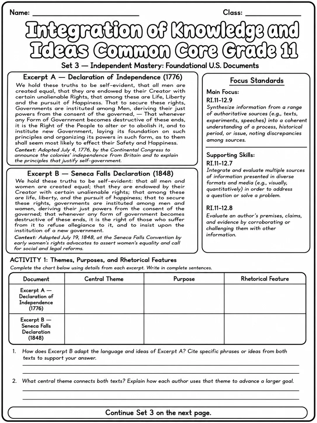 Integration of Knowledge and Ideas Common Core Grade 11 page 7 printable Common Core ELA worksheet preview