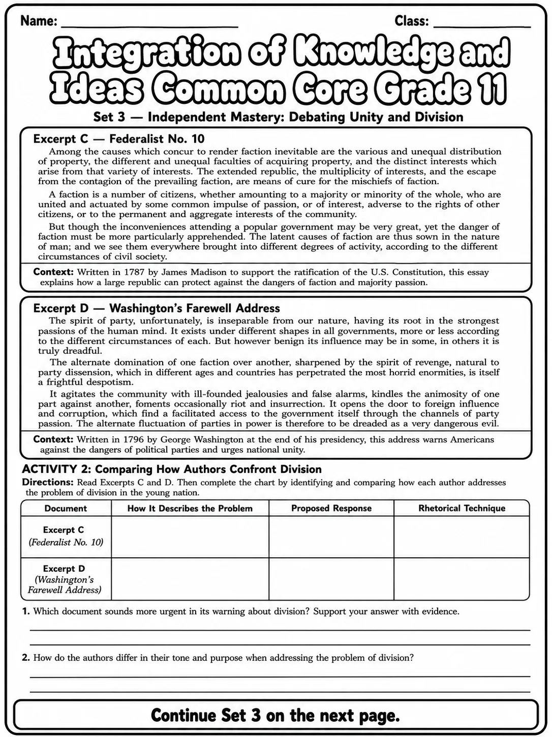 Integration of Knowledge and Ideas Common Core Grade 11 page 8 printable Common Core ELA worksheet preview